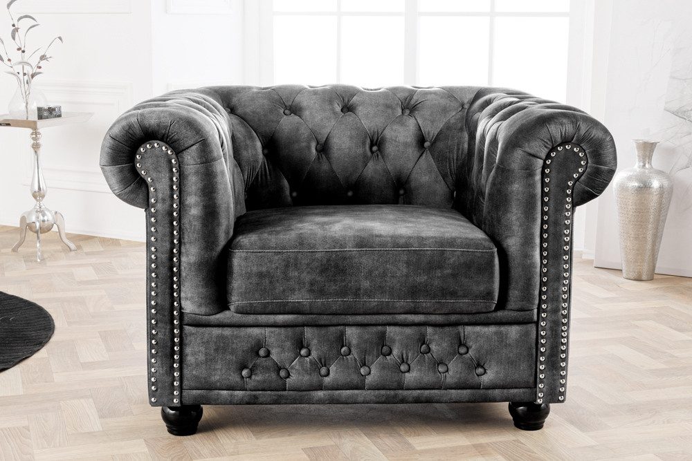 riess-ambiente Sessel CHESTERFIELD 110cm grau (Einzelartikel, 1-St), Wohnzimmer · Samt · mit Armlehne · Federkern