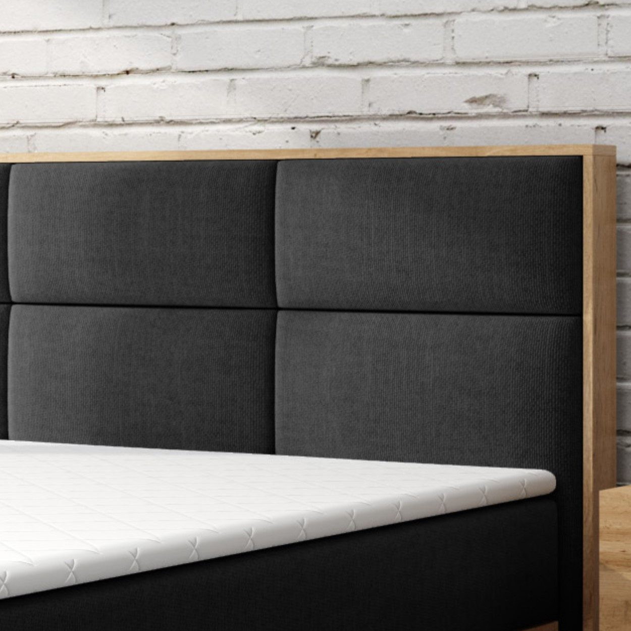 M-Punkt24 Boxspringbett Stockholm (Webstoff Anthrazit Schwarz, 180 x 200 cm), Eiche Holz, mit Bettkasten, mit Topper