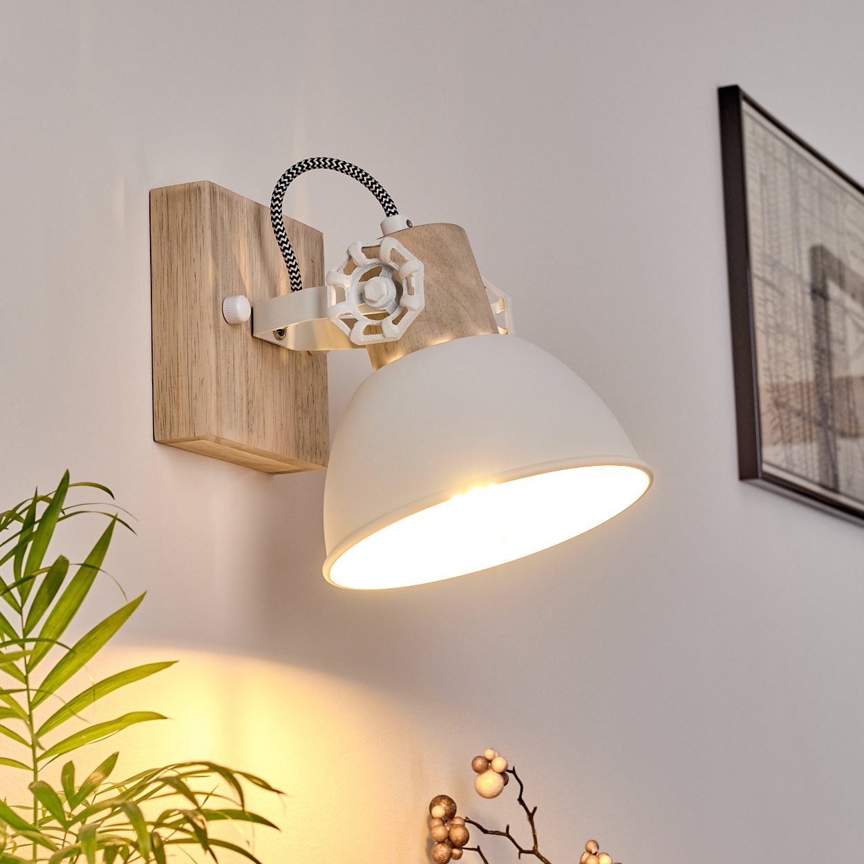 hofstein Wandleuchte »Cotes« verstellbare Wandlampe aus Metall/Holz in Weiß/Braun, ohne Leuchtmittel, 1xE27, Wandspot im Retro/Vintage Design