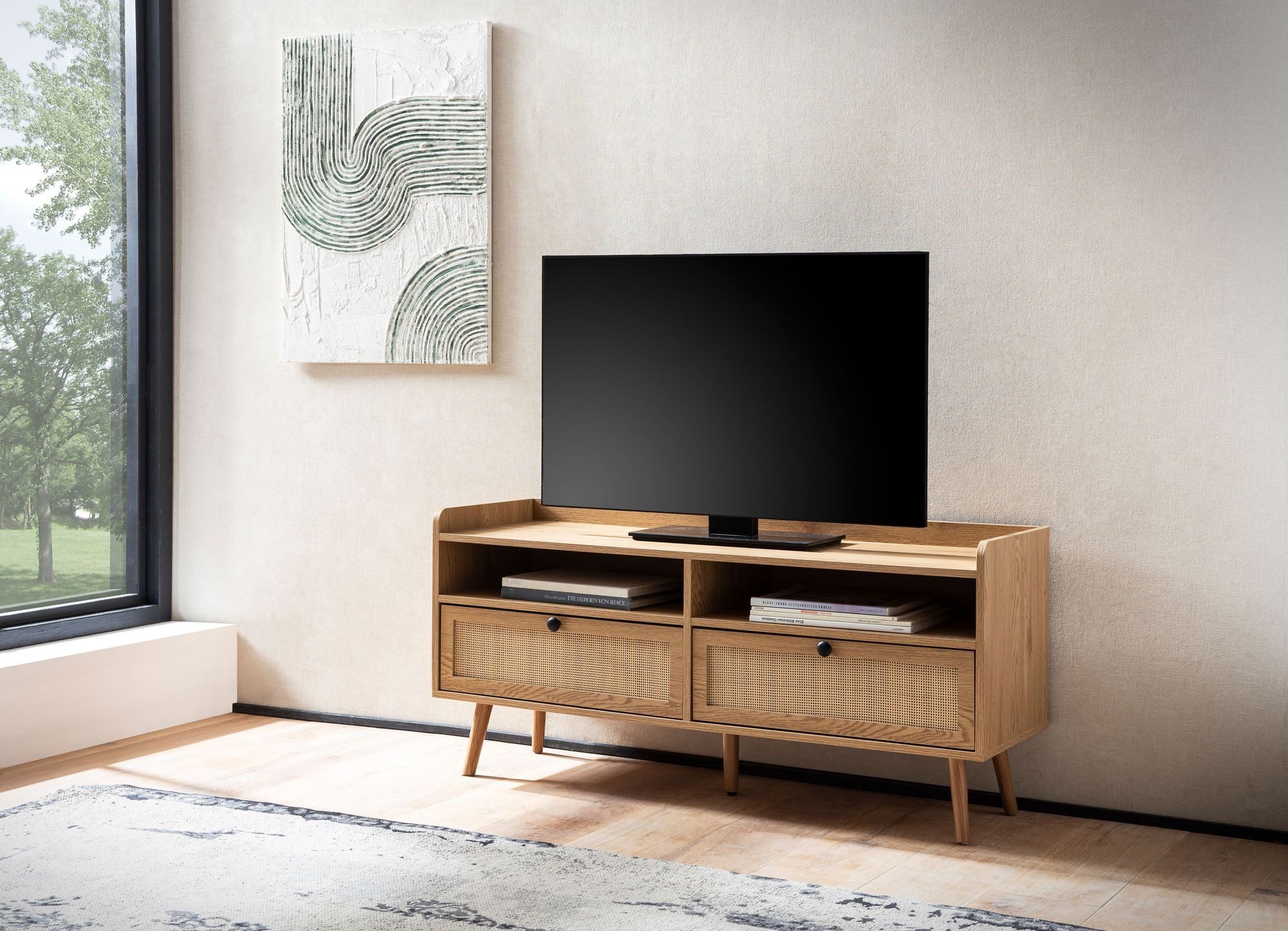 Wohnling Lowboard WL6.887 120 cm TV Schrank Schublade Fernsehkommode Rattan Stauraum (Eiche Dekor 120 cm, Schublade Stauraum Geflecht), TV-Kommode Hoch, TV-Schrank Modern Fernsehtisch