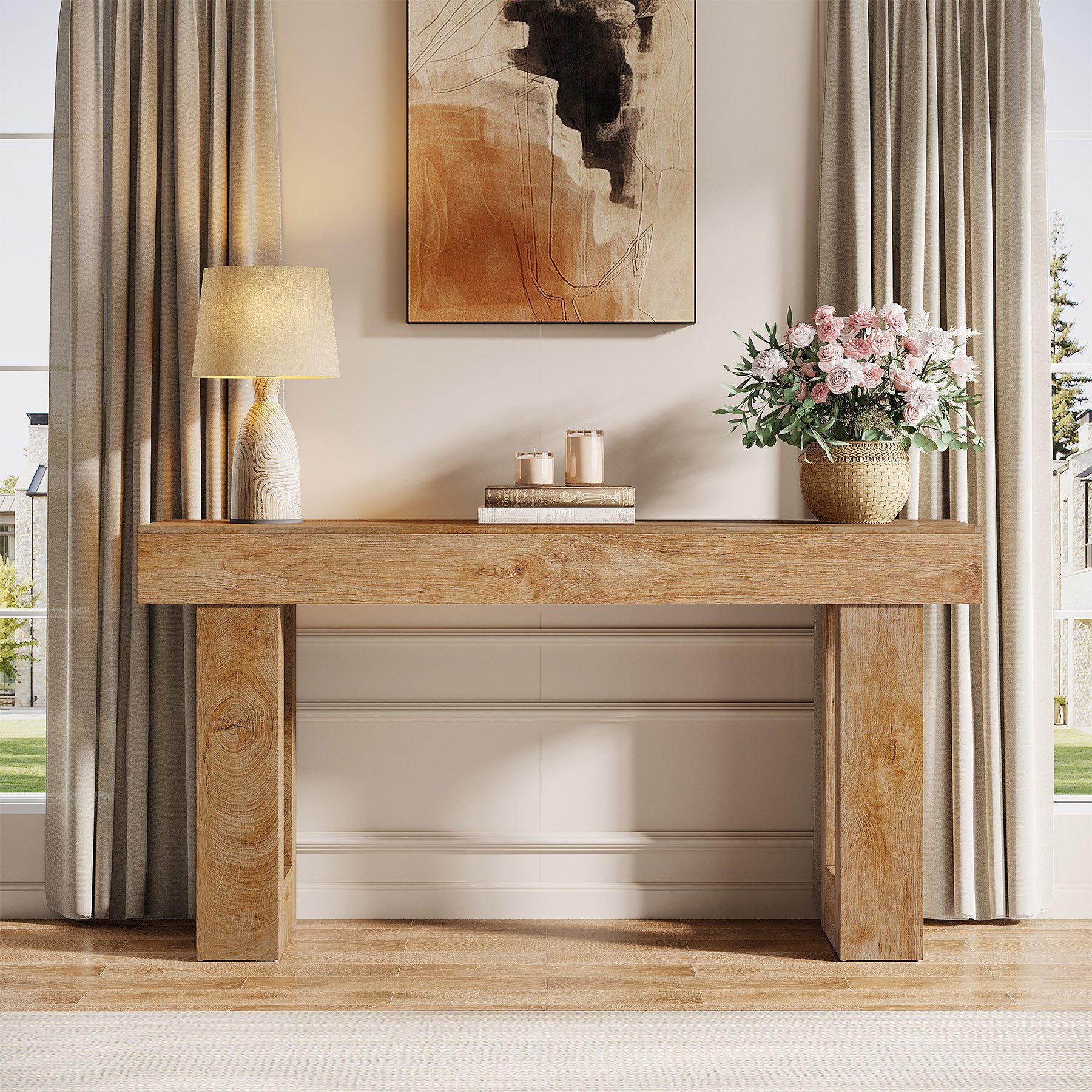 Tribesigns Konsolentisch 160 cm, Schmaler Landhausstil Tisch für hinter dem Sofa (160B x 35T x 85H cm), Naturholzoptik, Beistelltisch für Flur, Wohnzimmer und Eingangsbereich