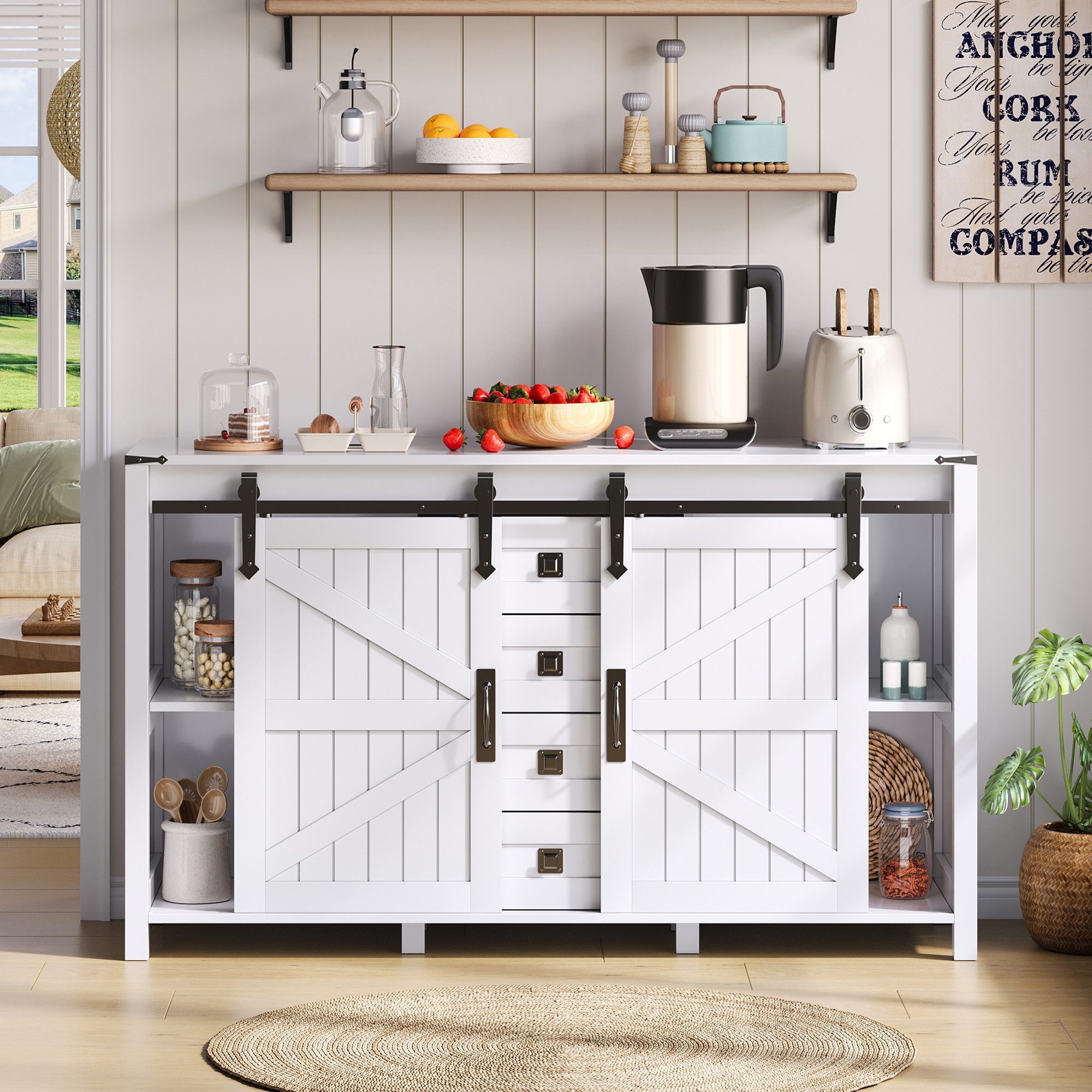 HAUSS SPOLE Sideboard mit Schubladen,Vintage Buffetschrank mit Stauraum,Beistellschrank Weiß (Vintage Sideboard mit Schiebetüren & 4 Schubladen – 137 cm, Weiß, Robustes MDF, Geräuscharme Schubladen, Stabil mit Kippschutz, Multifunktional für Küche, Esszimmer, Wohnzimmer), mit Schiebetüren und 4 Schubladen