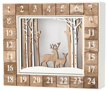 BRUBAKER befüllbarer Adventskalender Wiederverwendbarer Weihnachtskalender zum Befüllen, Weiße Winterlandschaft mit LED Beleuchtung - 35,5 x 6 x 27 cm