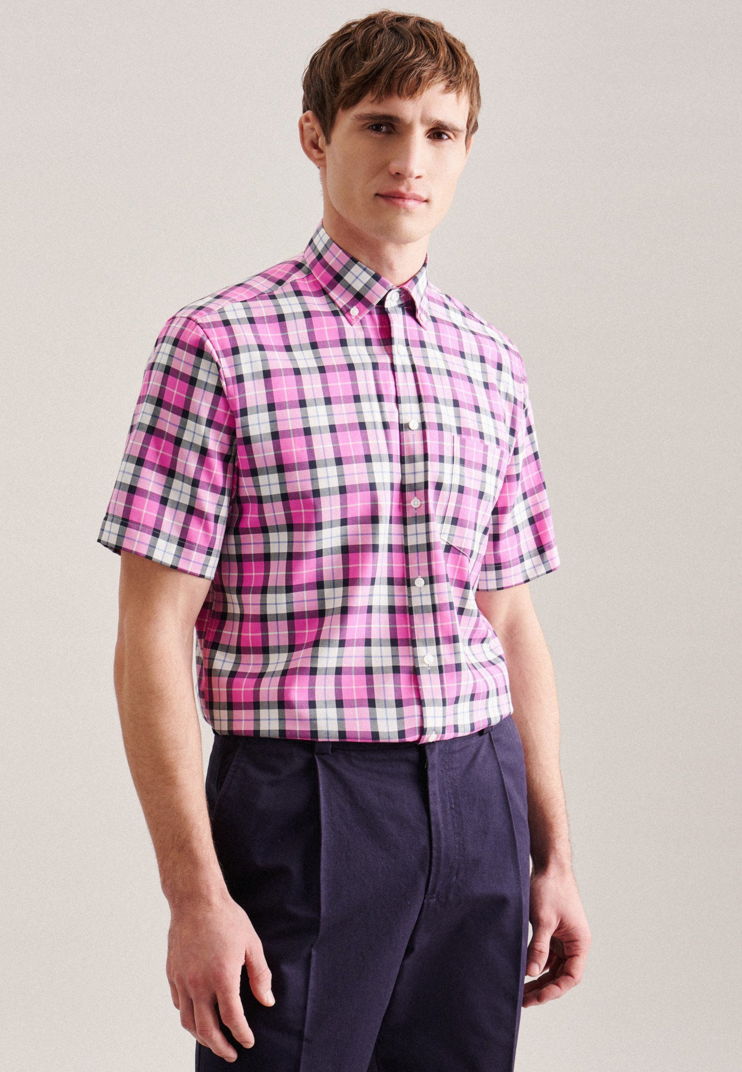 seidensticker Businesshemd Regular Regular 1/2 Button-Down-Kragen Karo