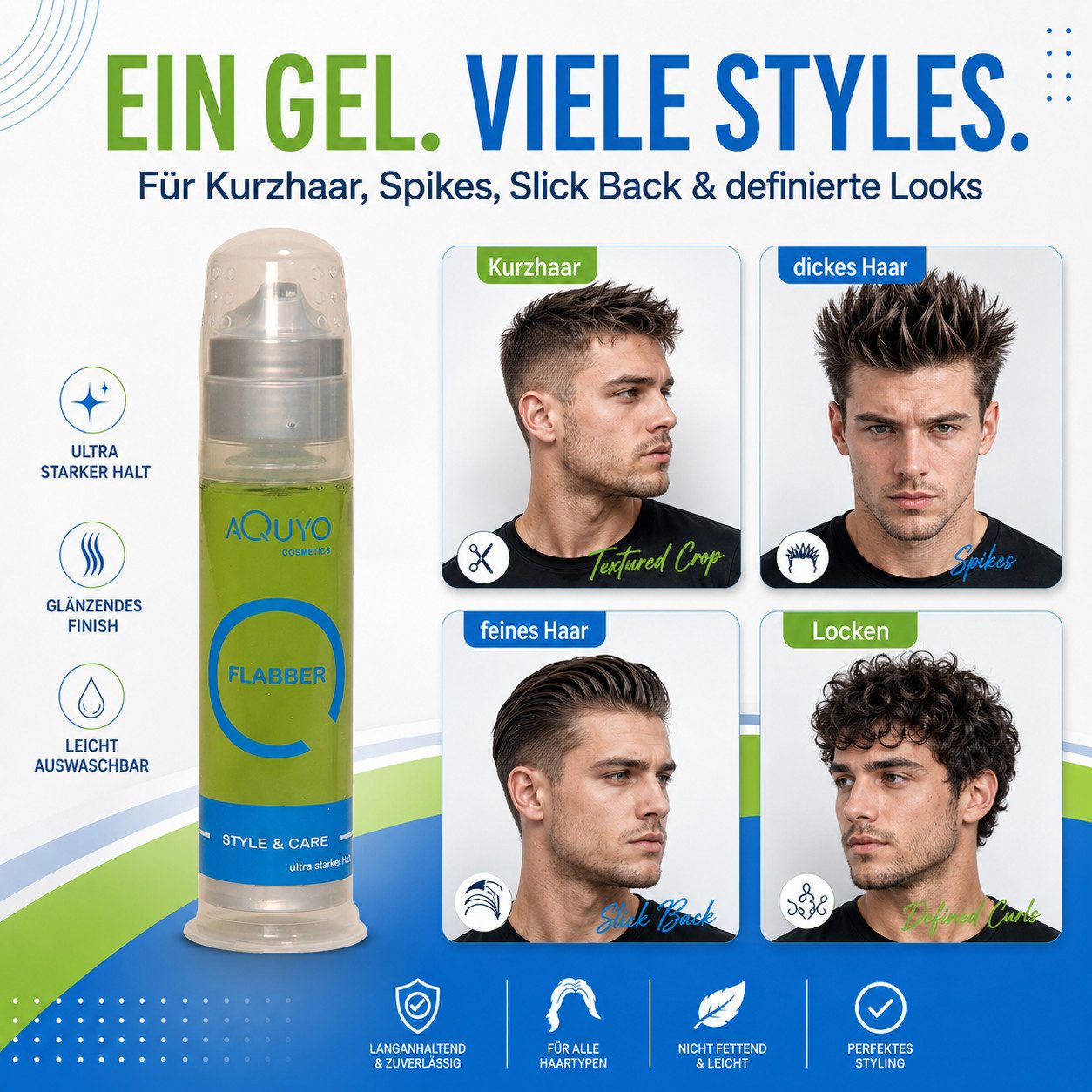 AQUYO Cosmetics Haargel Flabber Haargel mit starkem Halt, Stylinggel für die perfekte Frisur, Haarstyling