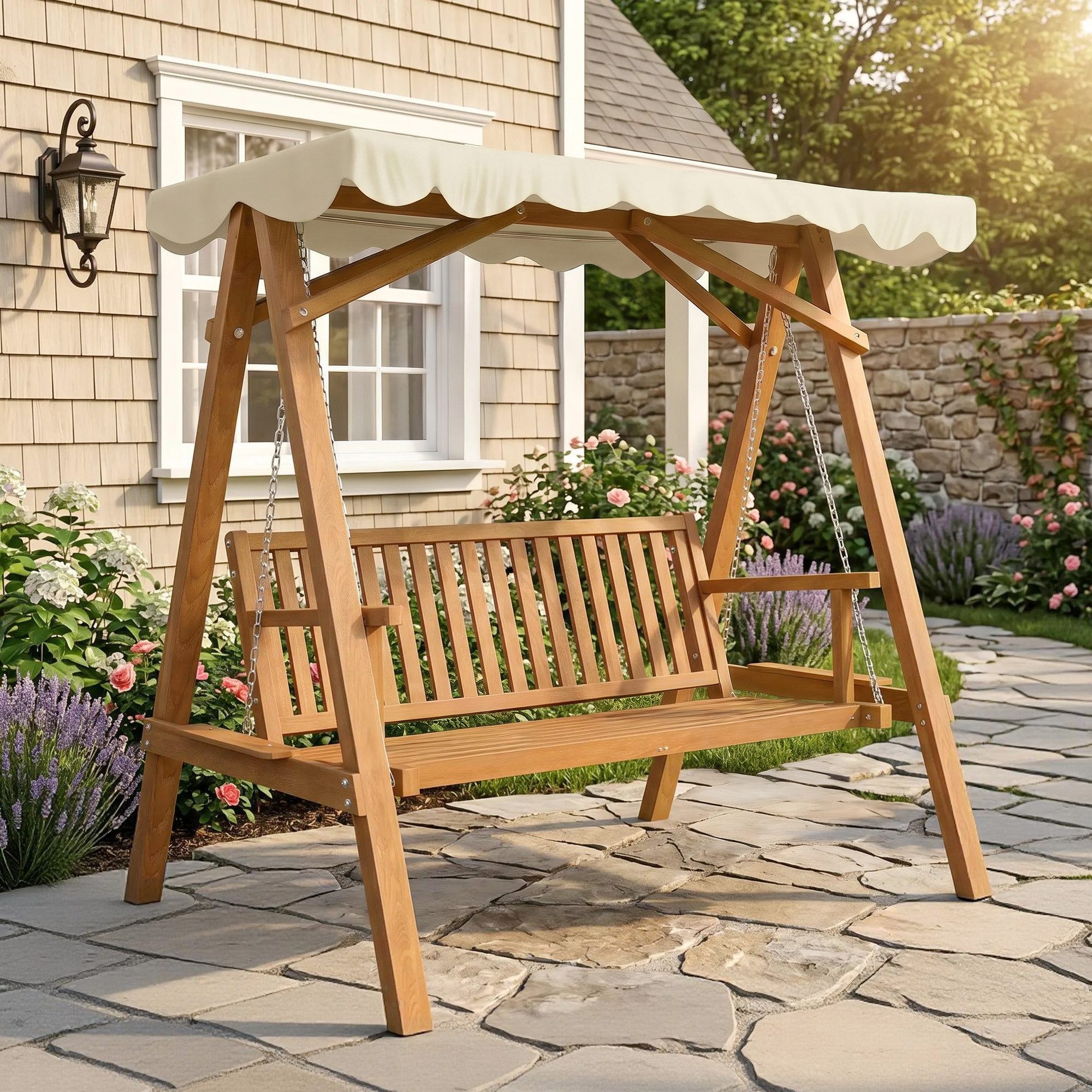 Outsunny Hollywoodschaukel Gartenschaukel Schaukel Lärche, 2-Sitzer, Entspannen, Gartenliege, 1 tlg., Schaukelbank, für Garten, Balkon, Natur+Creme