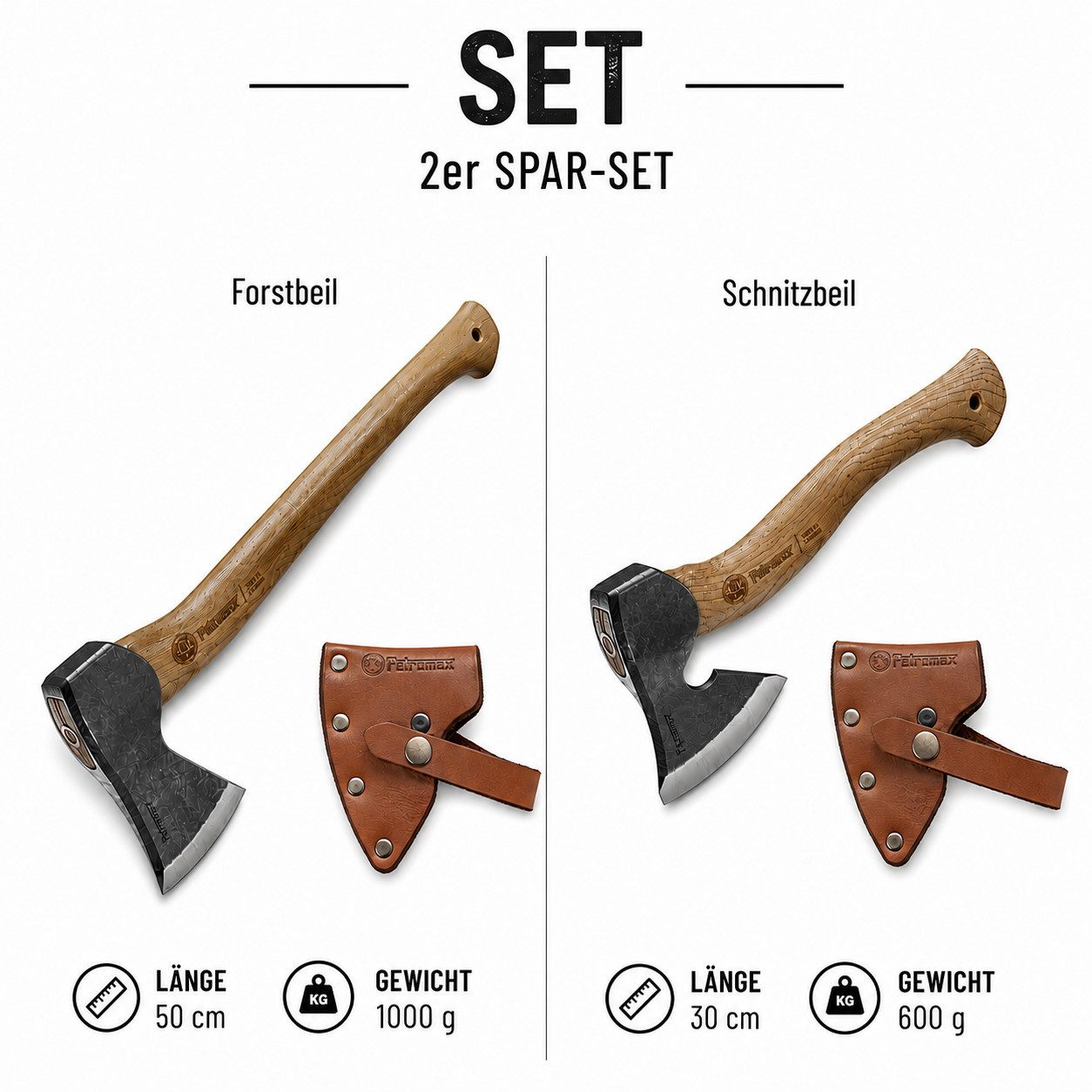Petromax Beil Schnitzbeil + Forstbeil Qualität für präzise Holzarbeiten, (Set, inkl. Lederscheide), Hergestellt in Deutschland, Handgeschmiedet