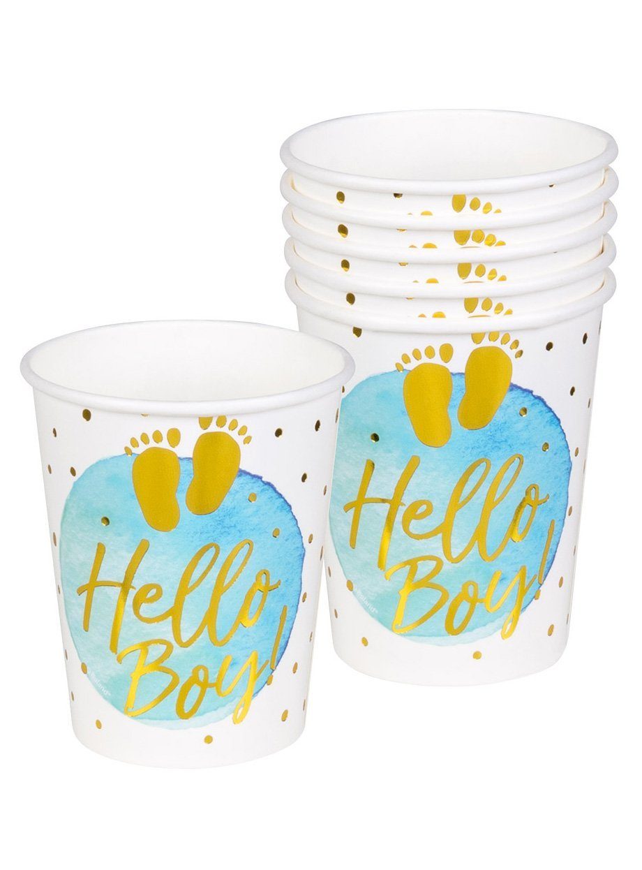 Boland Einweggläser 6 Hello Boy! Pappbecher, Pappe, Partygeschirr für Geburt, Babygeburtstag oder Pullerparty!