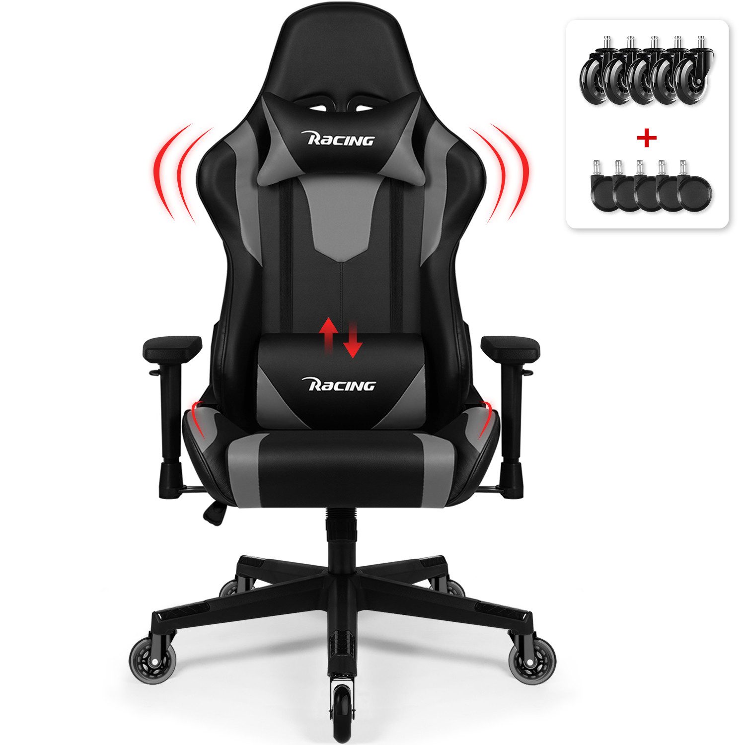 Lexzurn Gaming-Stuhl Gaming Stuhl, Bürostuhl Ergonomisch, Gaming Chair (mit verstellbare Kopfstütze und Lendenwirbelstütze, computerstuhl mit lendenkissen, Gamer stuhl Wippfunktion 90°-165), PC Gamer Racing Stuhl bis 150kg