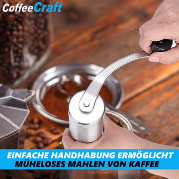 MAVURA Kaffeemühle CoffeeCraft Manuelle Kaffee Mühle Edelstahl Handkaffeemühle, mit Keramik-Mahlwerk Tragbar Silber