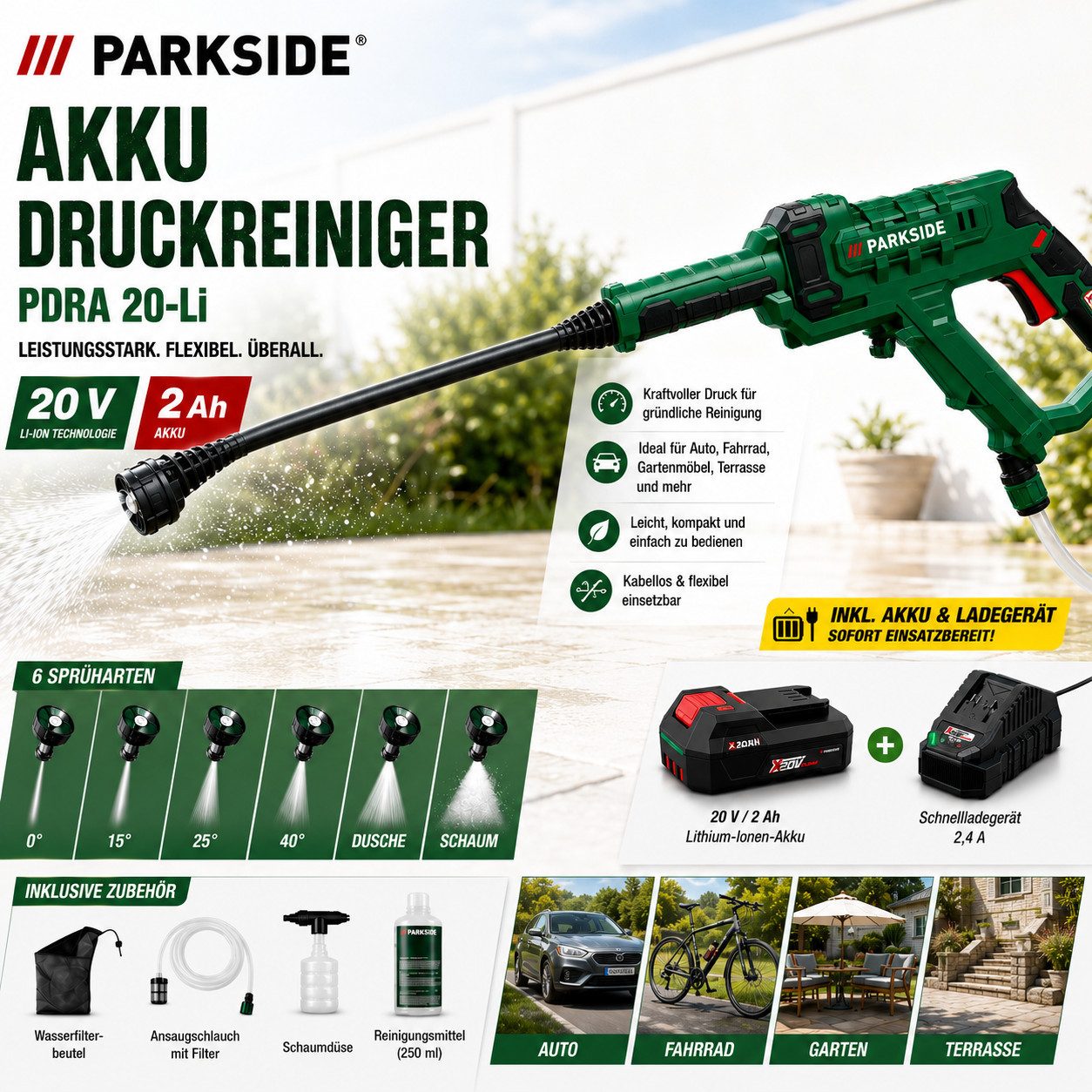 Parkside Akku-Druckreiniger Akku Druckreiniger PDRA 20-Li, 6 Sprüharten, mit Akku 2 Ah, Ladegerät