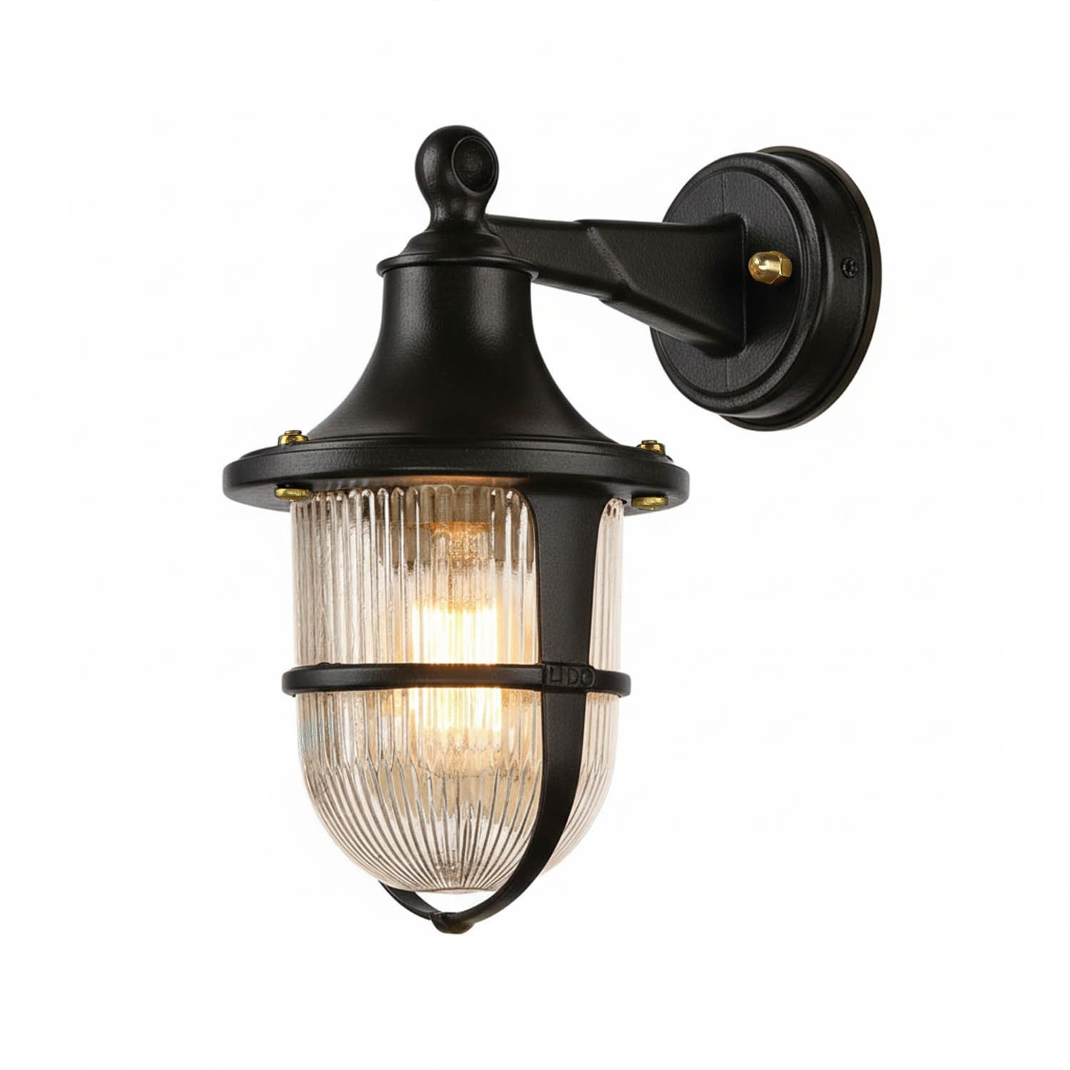 Licht-Erlebnisse Außen-Wandleuchte SANTORIN, ohne Leuchtmittel, Messing massiv Glas E27 IP64 H: 27 cm Schwarz Maritim