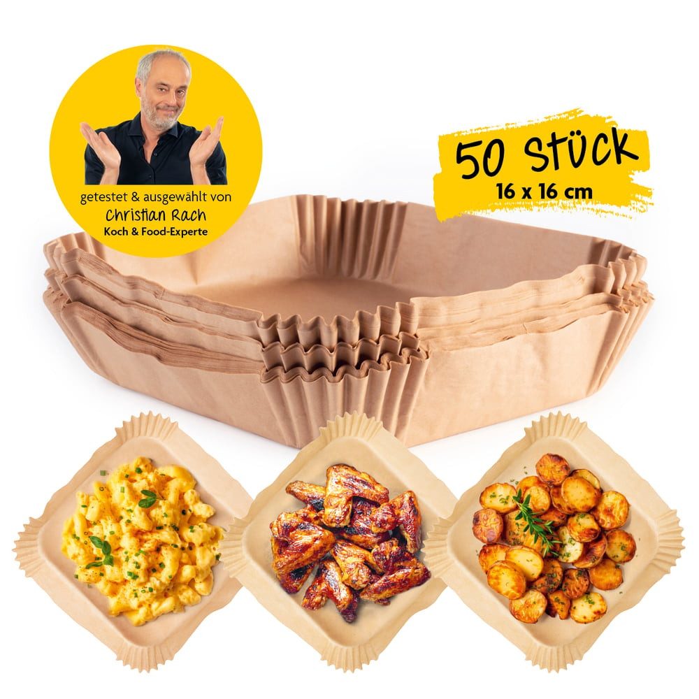 Rachs KOCHWERK Backpapier für Heißluftfritteuse 2-5 Liter - 50 Stück – 16 x 16 x 4,5 cm, für Airfryer,  Backpapierschale antihaftbeschichtet & ölbeständig