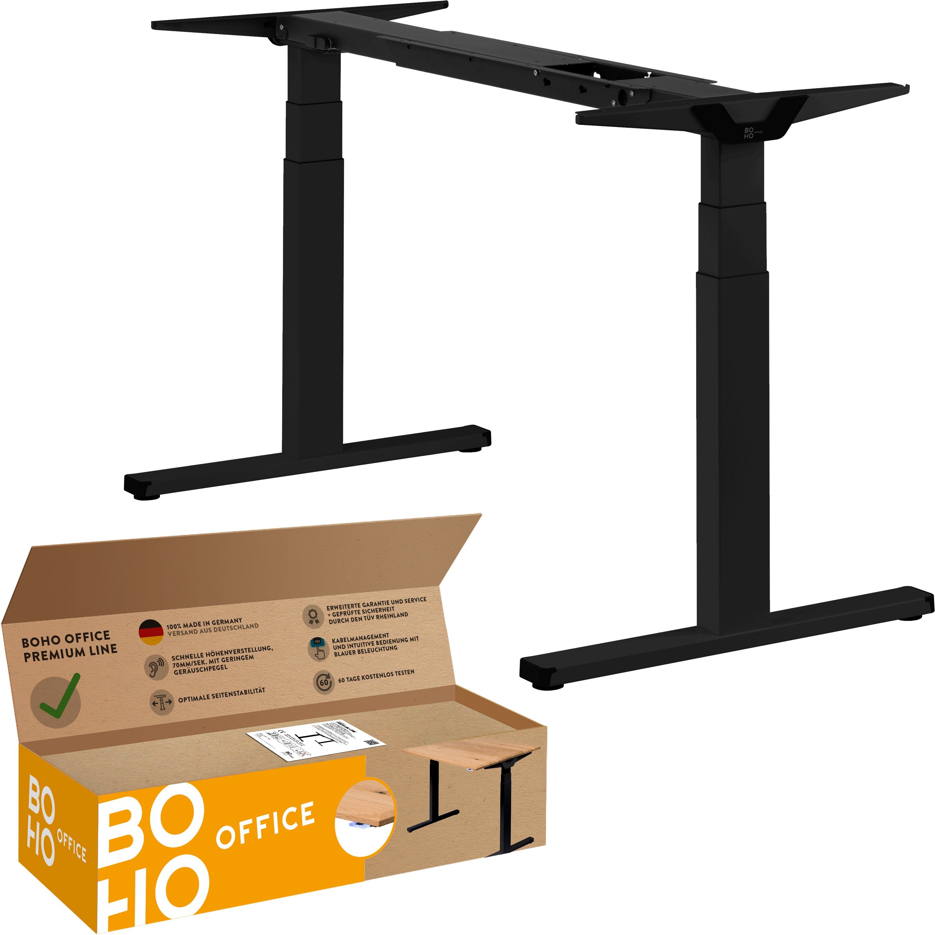 boho office® Schreibtisch Premium Line, elektrisch stufenlos höhenverstellbar in Schwarz - Made in Germany - Schwarz | ohne Tischplatte