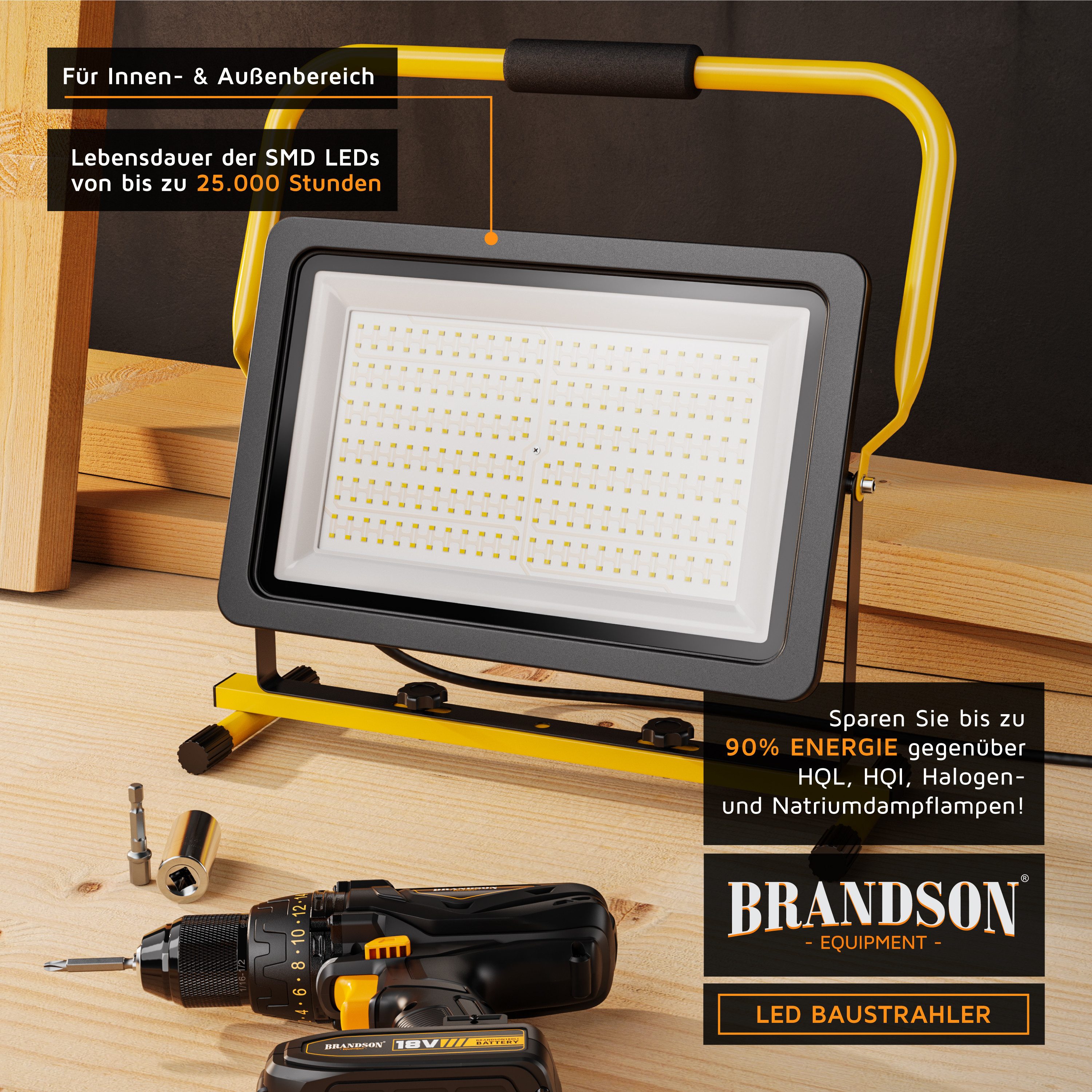 Brandson Baustrahler, LED fest integriert, Warmweiß, 150 Watt LED, Arbeitsscheinwerfer, Bauscheinwerfer, Arbeitsleuchte