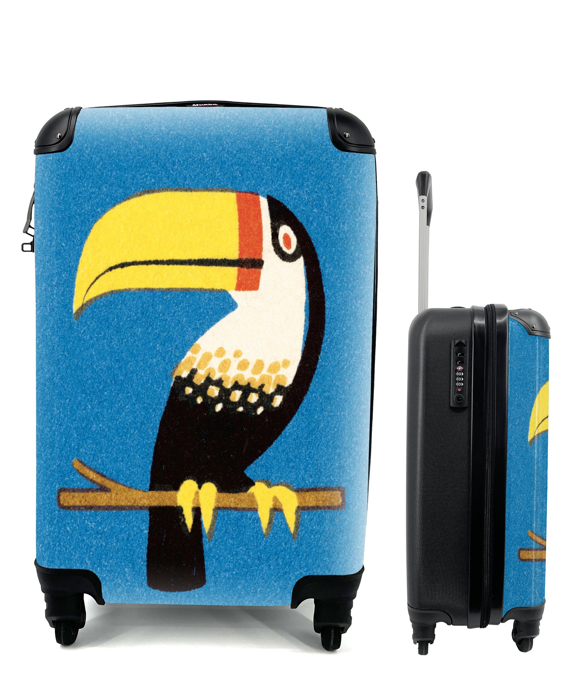 MuchoWow Handgepäckkoffer Eine Illustration eines bunten Tukans, 4 Rollen, Reisetasche mit rollen, Handgepäck für Ferien, Trolley, Reisekoffer
