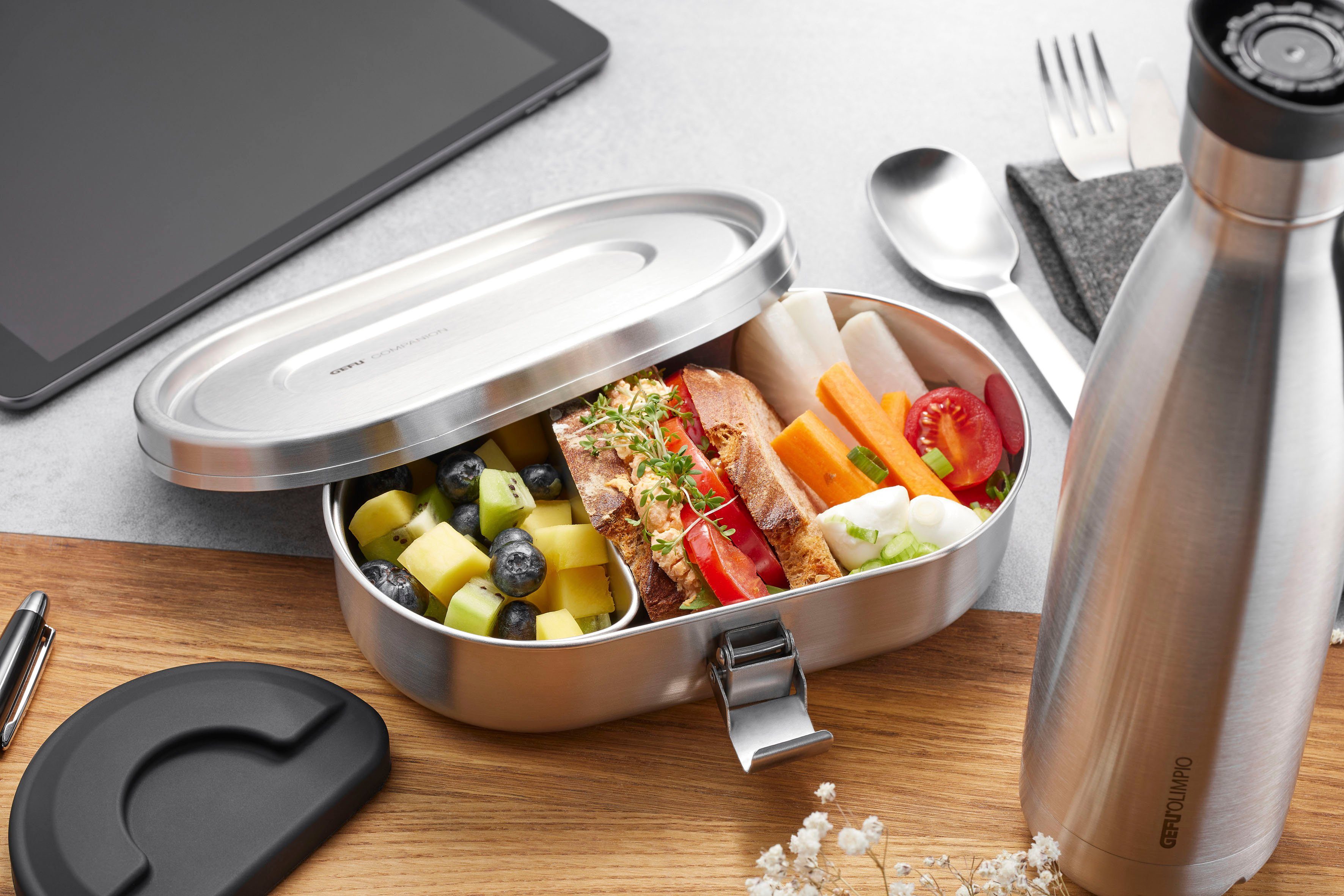 GEFU Lunchbox COMPANION, Edelstahl 18/10, Kunststoff, Silikon, (Set, 2-tlg), Bentobox-System: Äußere Dose 700 ml, Innendose 170 ml