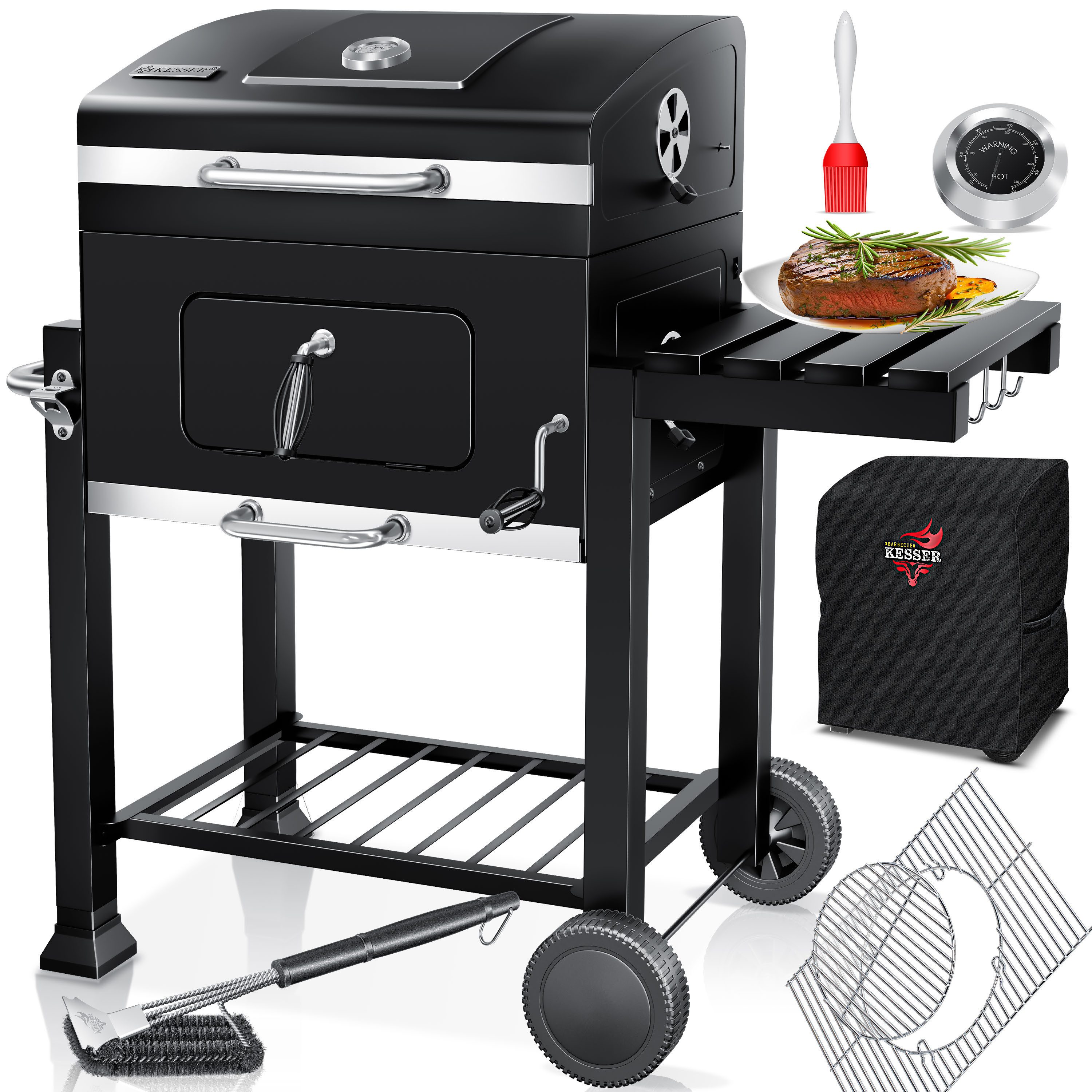 KESSER Holzkohlegrill Grillwagen BBQ Smoker XL Holzkohlegrill mit Deckel, Rädern, Edelstahl-Griff, Thermometer, Grillrost, Standgrill, Kohlegrillwagen