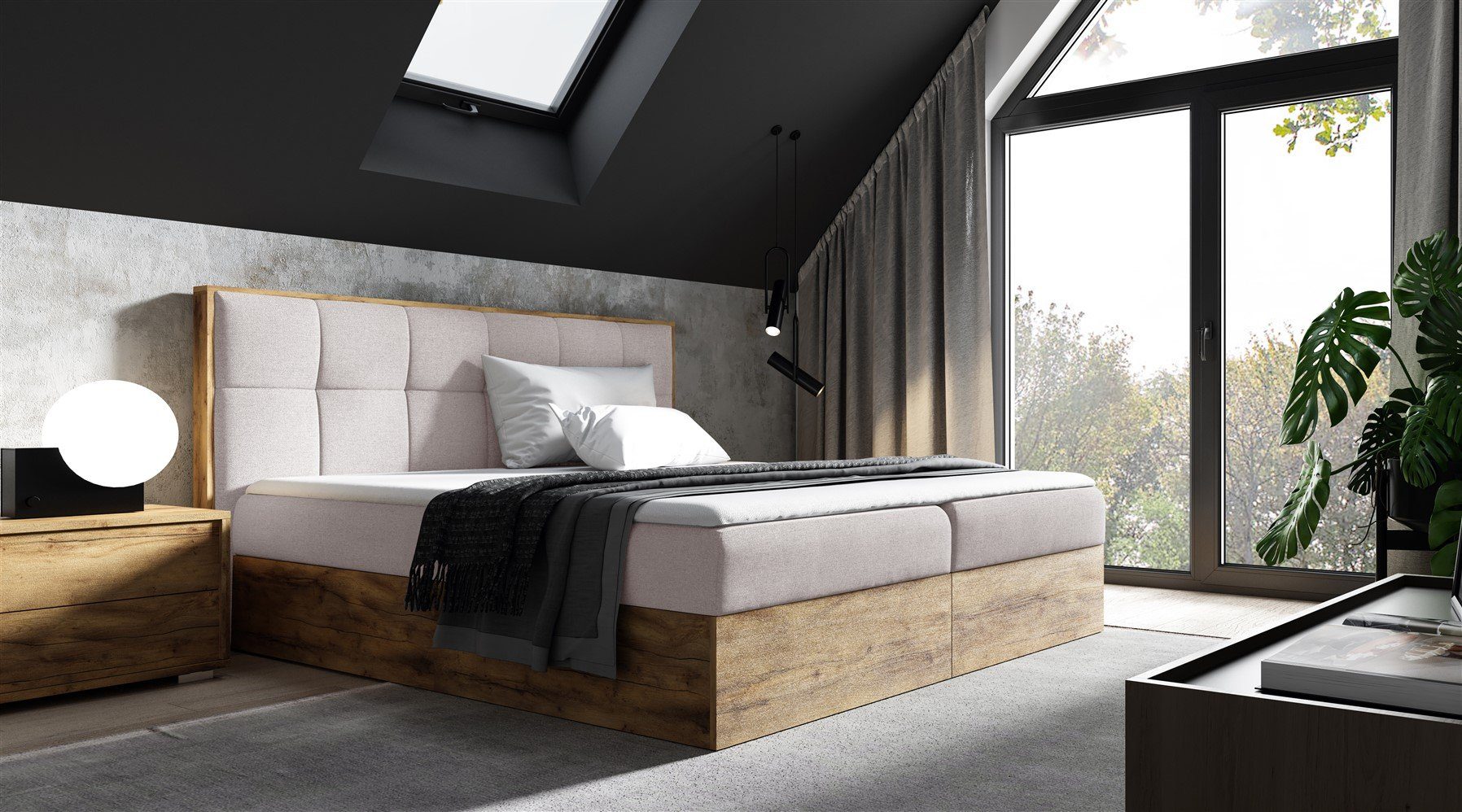Fun Möbel Boxbett Schlafzimmerbett THANOS Überlänge (220cm) in Stoff Faro (auch in Standardlänge erhältlich, inkl. Kaltschaumtopper und Topper), Lancelot-Eiche-Optik