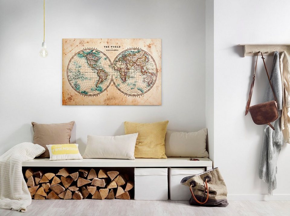 A.S. Création Leinwandbild Hemispheres, Weltkarte (1 St), Atlas Weltkarte  Antik Vintage Keilrahmen Bild, hohe Farbintensität, Farbsättigung und lange  Farbechtheit