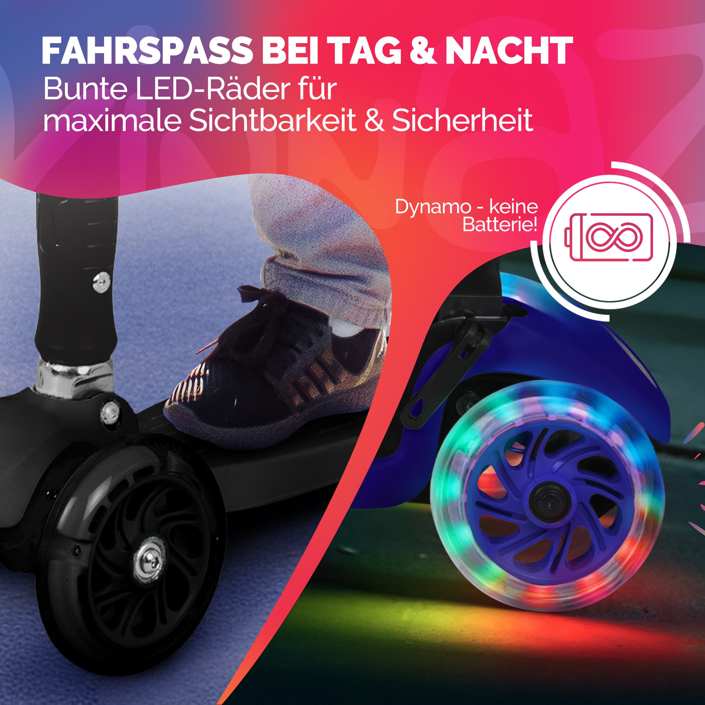 KINNAZ Dreiradscooter ab 5 Jahre, LED Räder, Höhe flexibel, faltbar, Roller Scooter Garantie, (Kinderroller, Kinnaz Two), faltbar, höhenverstellbar, LED Räder,  – Bild 4 von 5