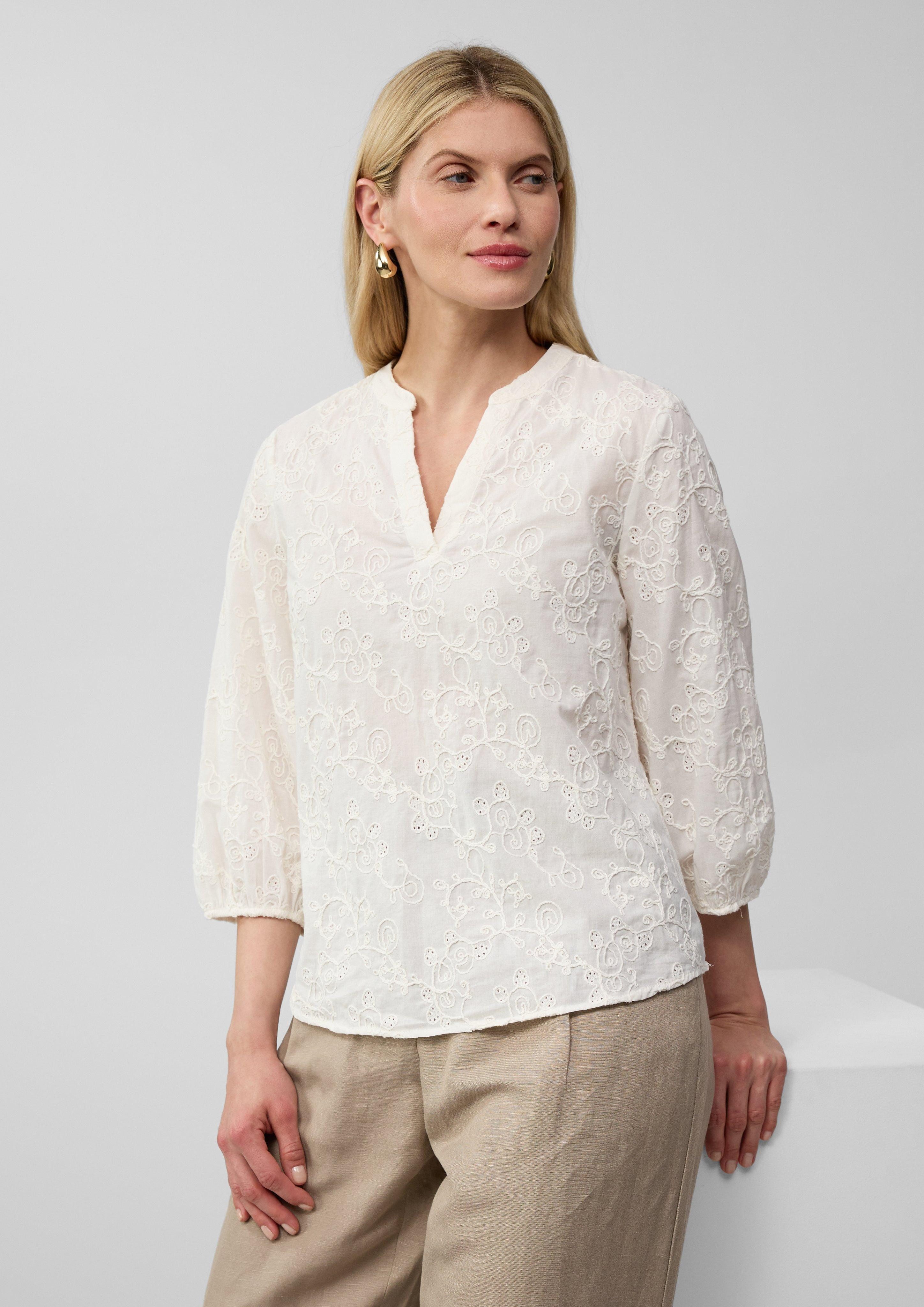 Langarmbluse Baumwollbluse mit Stickereien und 3/4-Ärmeln