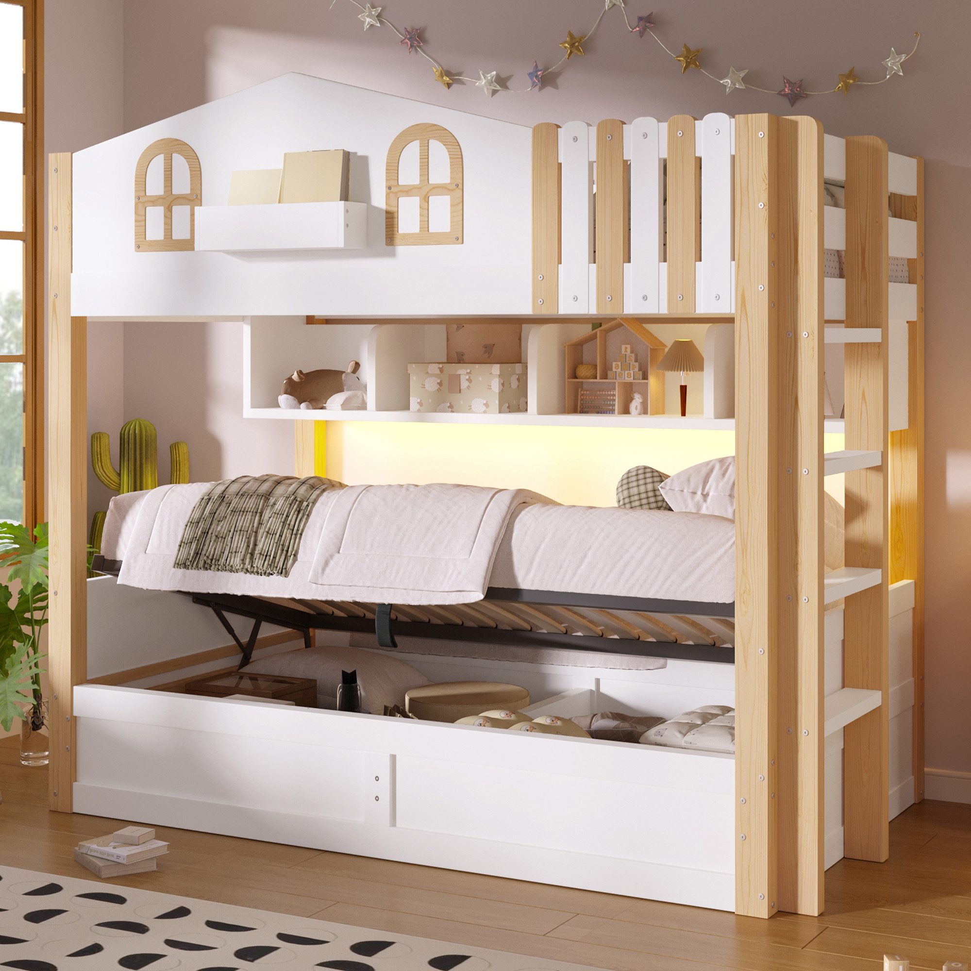 Flieks Etagenbett, Hausdesign Kinderbett 90x200cm mit Hydraulik-Unterbett und LED-Leiste