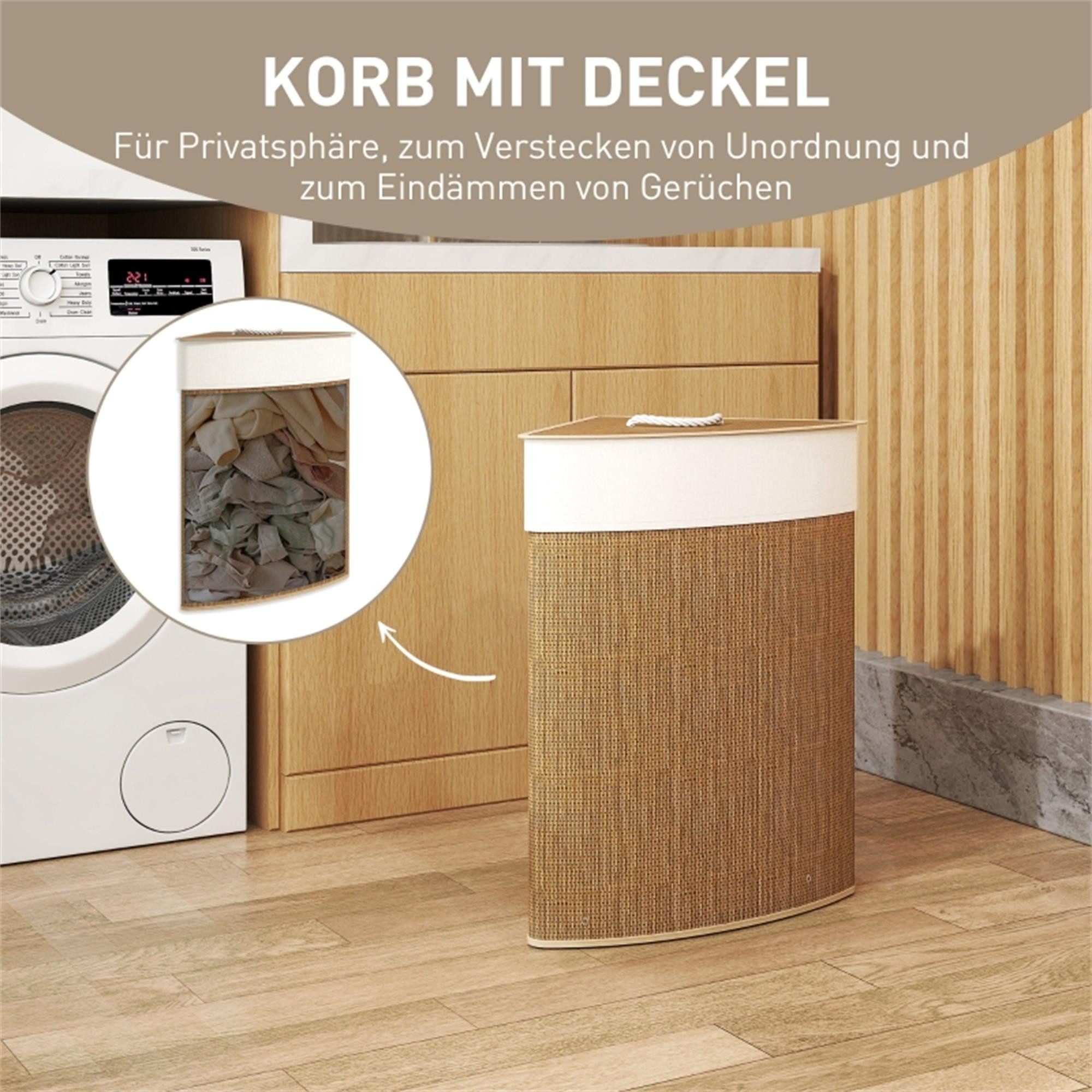ibettertec Wäschekorb Bambus Wäschekorb mit Deckel 55L, Eck Wäschesammler (mit herausnehmbarem Sack, für Bad & Waschküche) – Bild 2 von 5