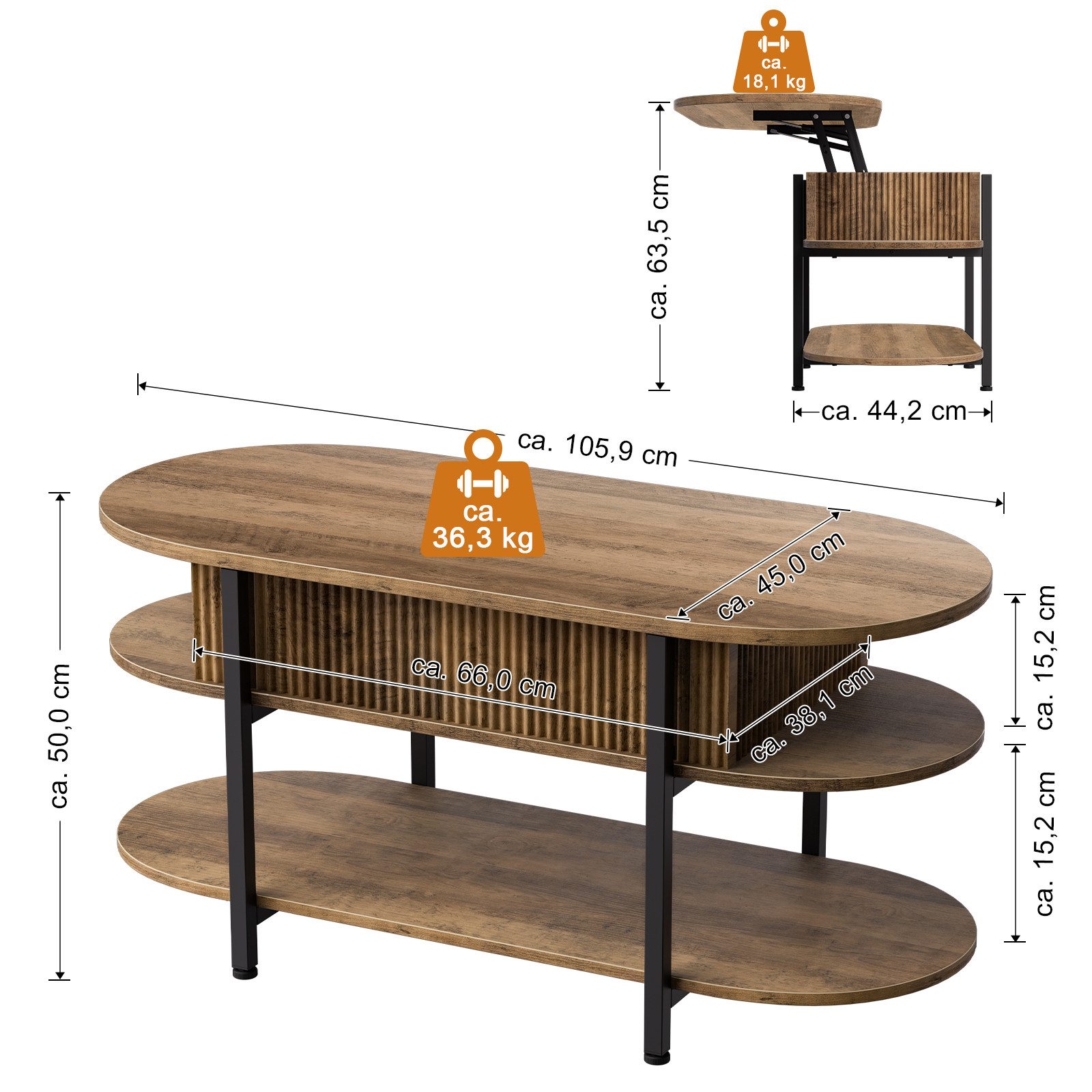 FABATO Couchtisch oval, höhenverstellbar mit verstecktem Stauraum, 3-Etagen-Design (1-St), 105.9×45×50-63.5cm, natur