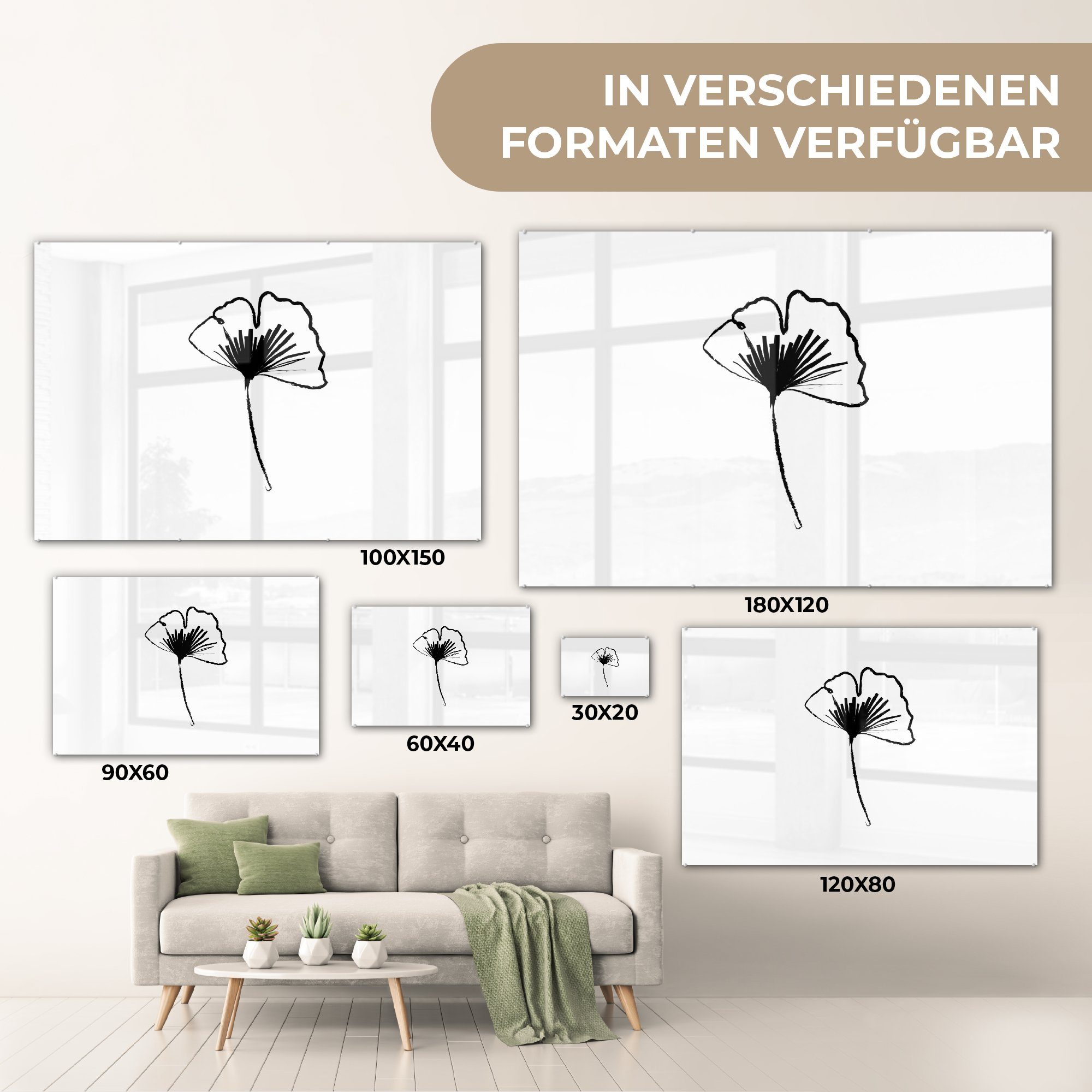 Schlafzimmer Acrylglasbilder Schwarz Blumen Weiß, Wohnzimmer - (1 St), & - Acrylglasbild - Strichzeichnungen MuchoWow