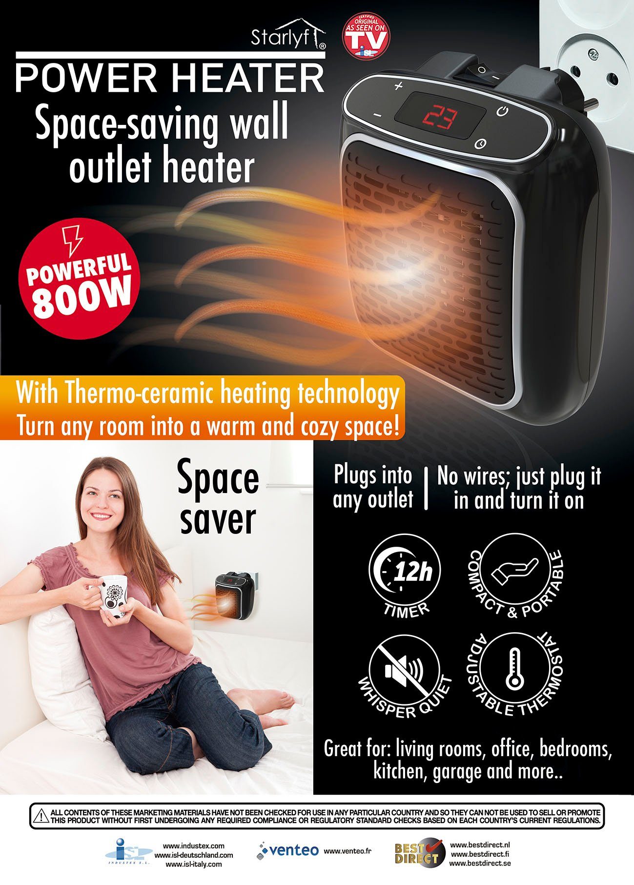 Starlyf Heizlüfter Power Heater, 800 W, Wandheizgerät, Steckdosen Mini Heizung, Timer