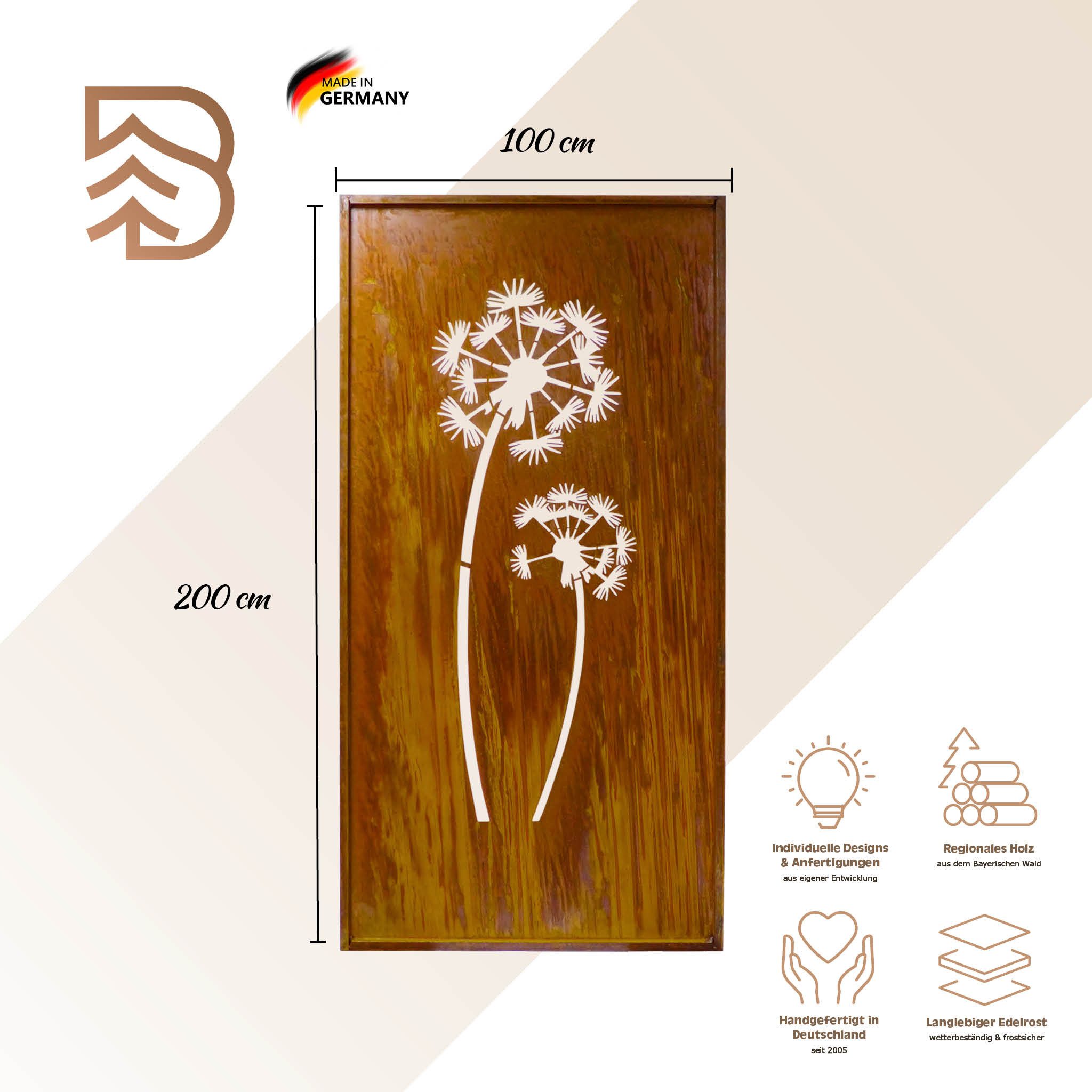 BADEKO Sichtschutzelement Sichtschutz Paravent Pusteblume 200x100cm Edelrost/Cortenstahloptik