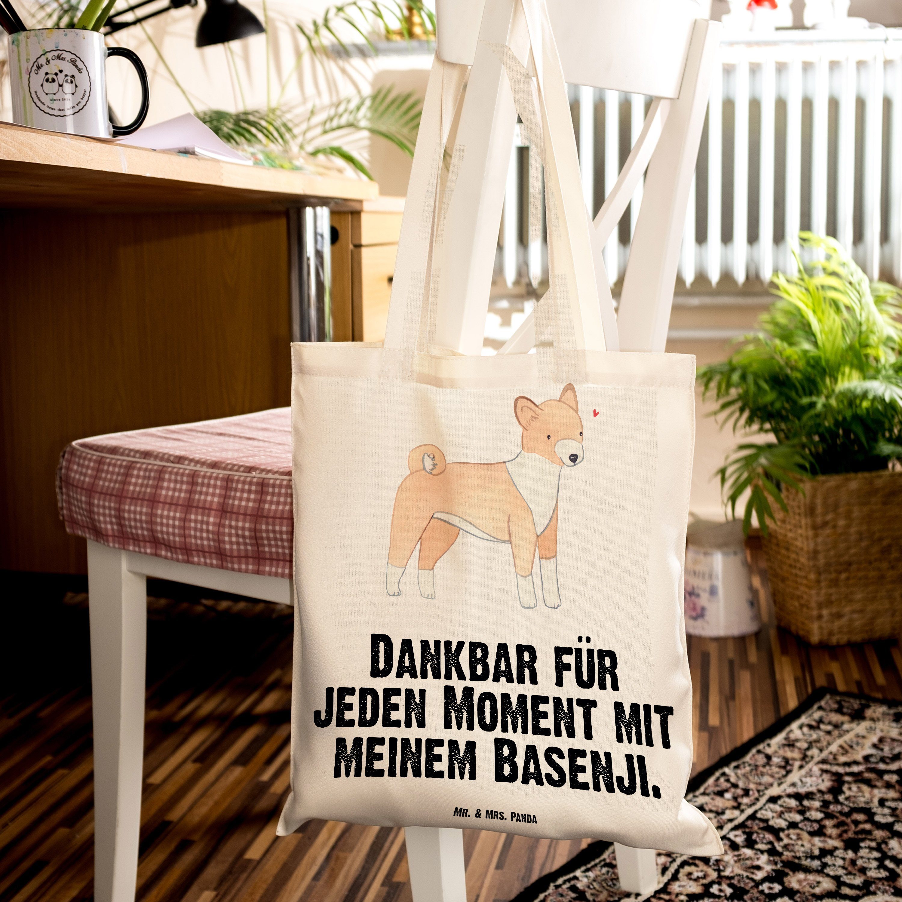 Mr. & Mrs. Panda Tragetasche Beutel, Geschenk, Beuteltasche, - (1-tlg) Transparent Basenji - Moment Hund