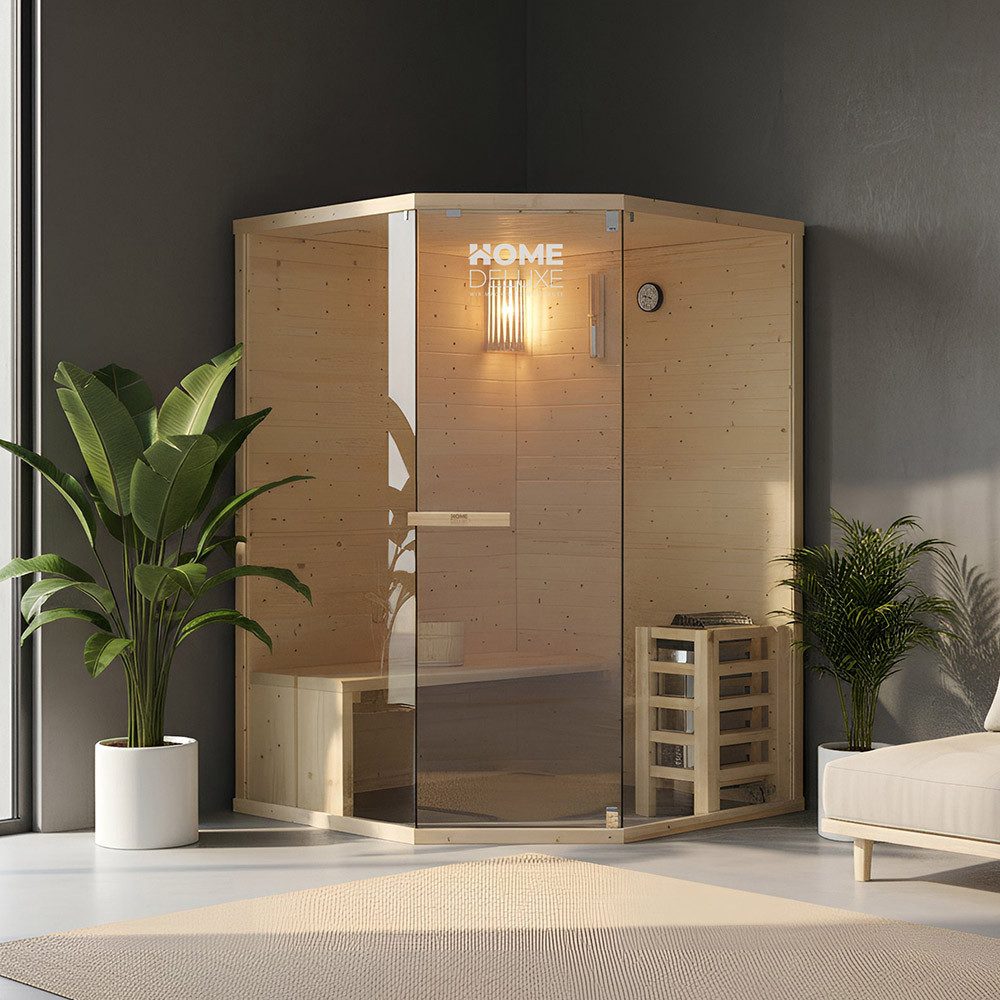 HOME DELUXE Sauna ARUNA L 2-3 Personen, BxTxH: 130 x 130 x 190 cm, (Komplett Set inkl. Sauna-Zubehör) inkl. 3,6 kW, Fichtenholz, Durchdachtes Stecksystem