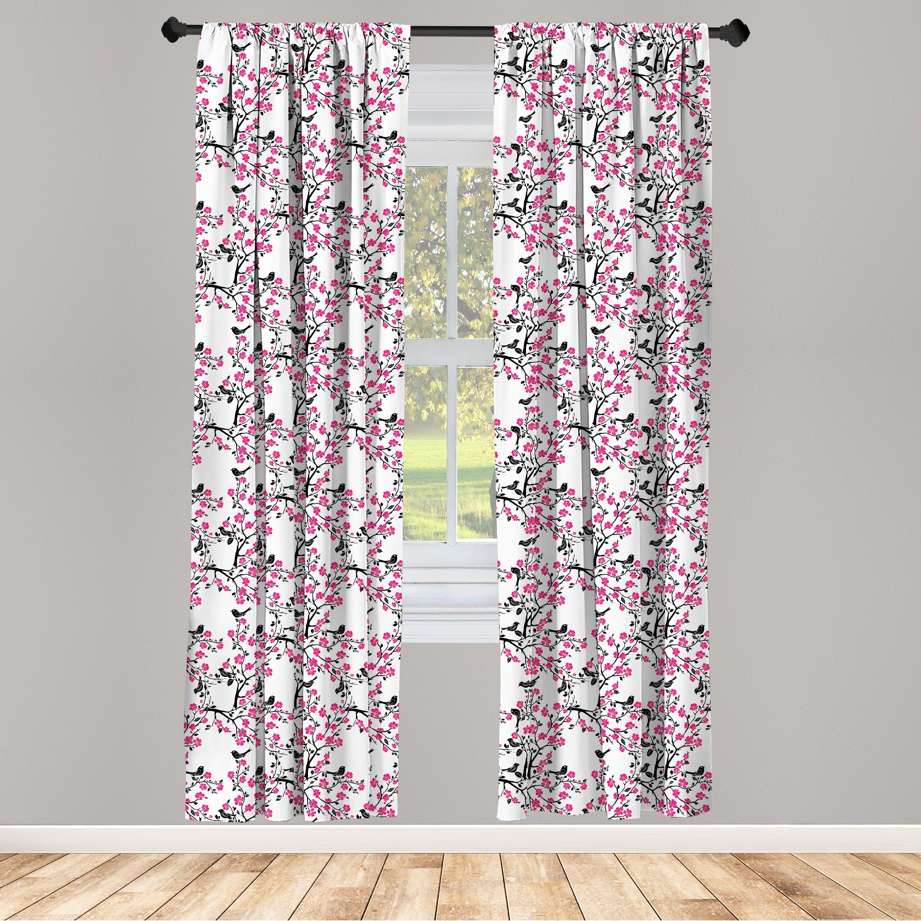 Gardine Vorhang für Wohnzimmer Schlafzimmer Dekor, Abakuhaus, Microfaser, Kirschblüte Sakura-Baum-Vogel