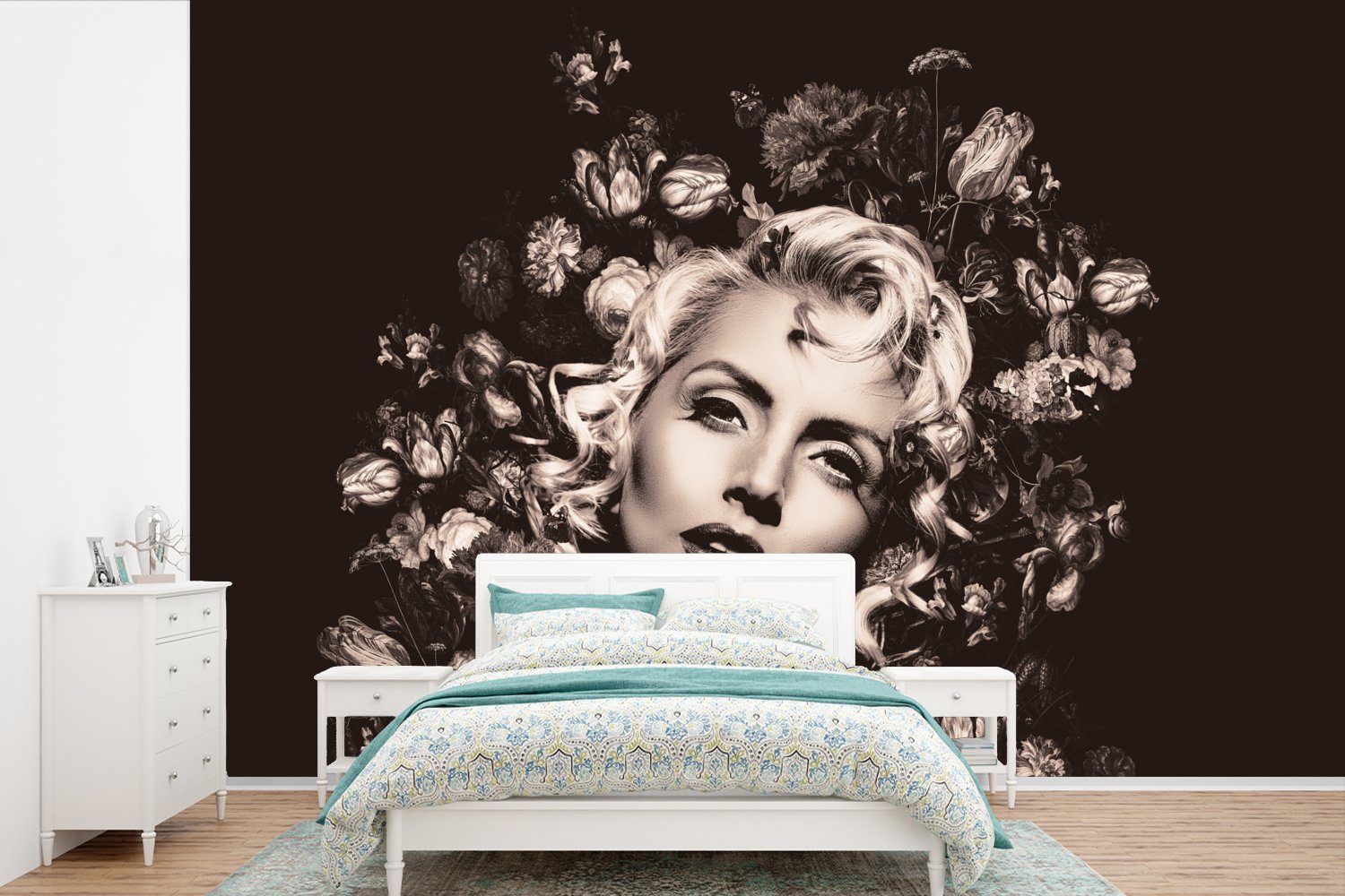 MuchoWow Fototapete Frau - Blume - Luxus, Matt, bedruckt, (6 St), Wallpaper für Wohnzimmer, Schlafzimmer, Kinderzimmer, Vinyl Tapete
