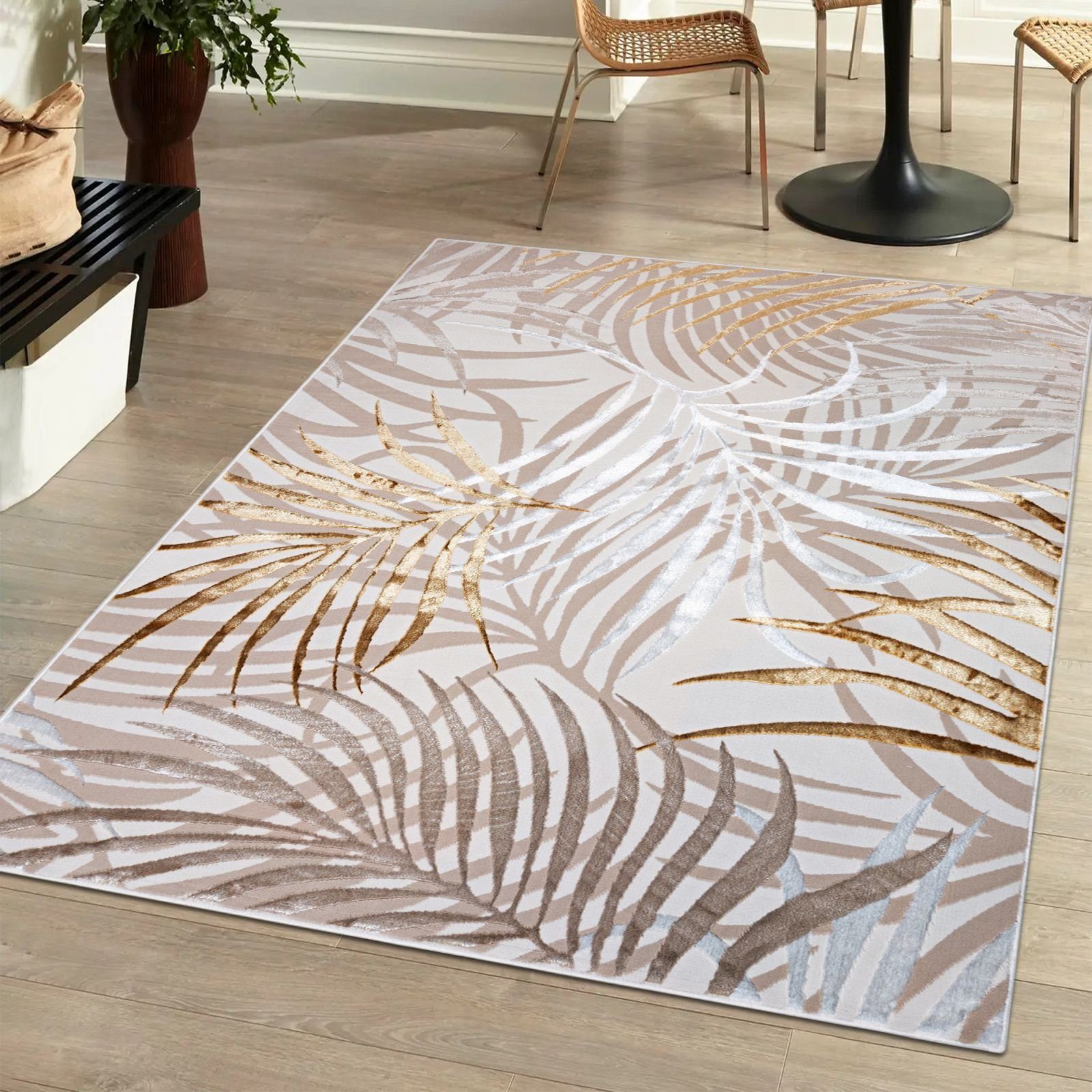 Mazovia Designteppich Modern Teppich für Wohnzimmer- Beige Creme mit Gold, 80 x 150 cm, Glänzende,Palmenzweige Feder,Modern,Höhe 10 mm,Weich,Pflegeleicht – Bild 2 von 5