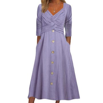ZWY Strandkleid Einfarbiger, langärmliger Crossover-Strandrock für Damen (Pulloverkleid im Pendler-Resort-Stil) Lässiges, langes Kleid mit V-Ausschnitt und Knöpfen