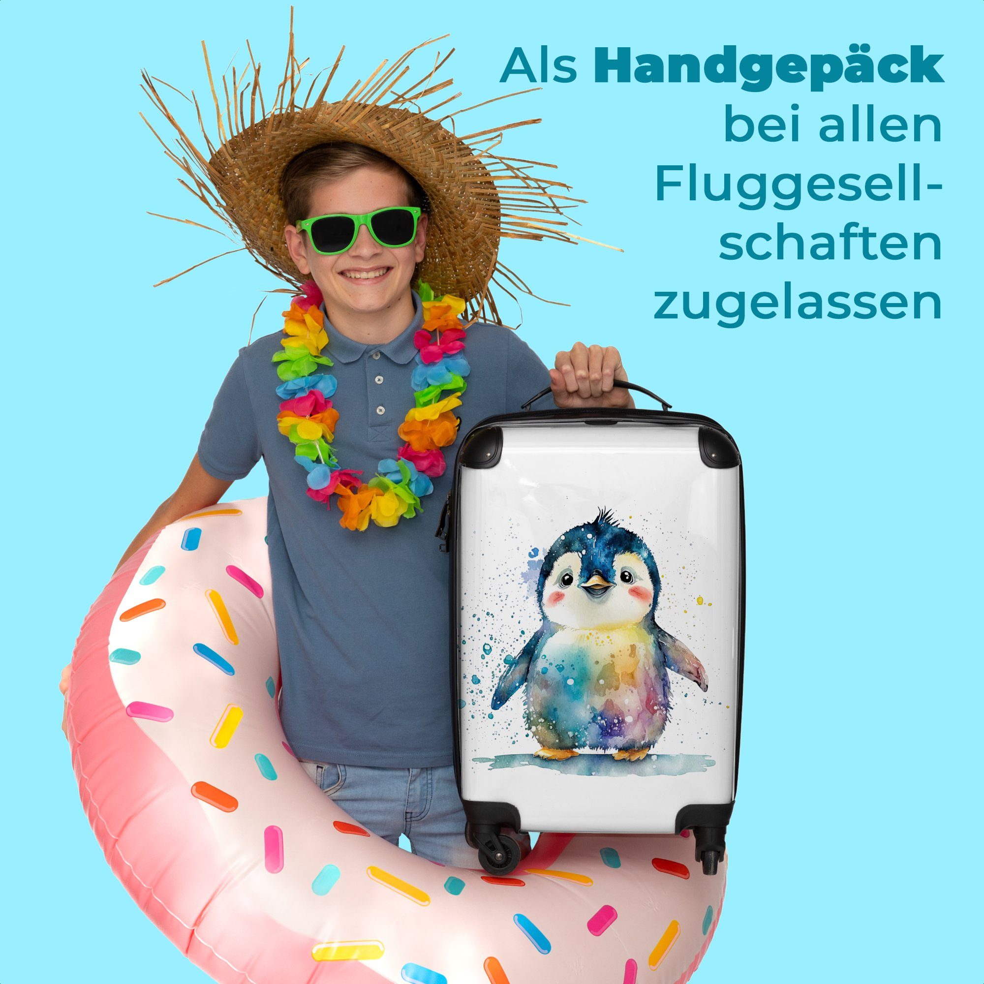 Reisetasche Kindertrolley, Kinder, - - rollen, Kinderkoffer für Tiere mit 4 Handgepäck Regenbogen Aquarell Koffer - Ferien, 55x35x20cm - NoBoringSuitcases.com© Rollen, Pinguin