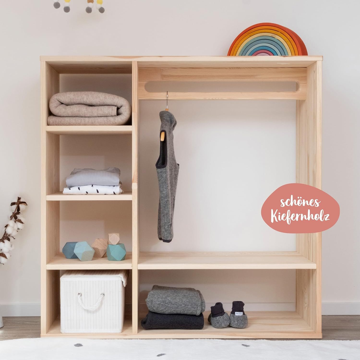 Ehrenkind Kinderkleiderschrank Montessori, Kiefer Natur, hochwertiges & robustes Holz (Kinderregal, Garderobenschrank) Kleiderschrank Kinderzimmer, Kindergarderobe