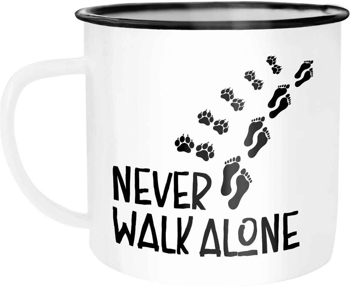 MoonWorks Tasse Emaille Tasse Becher Never walk alone Hund Hundebesitzer Dog Kaffeetasse Moonworks®, emailliert und mit Aufdruck