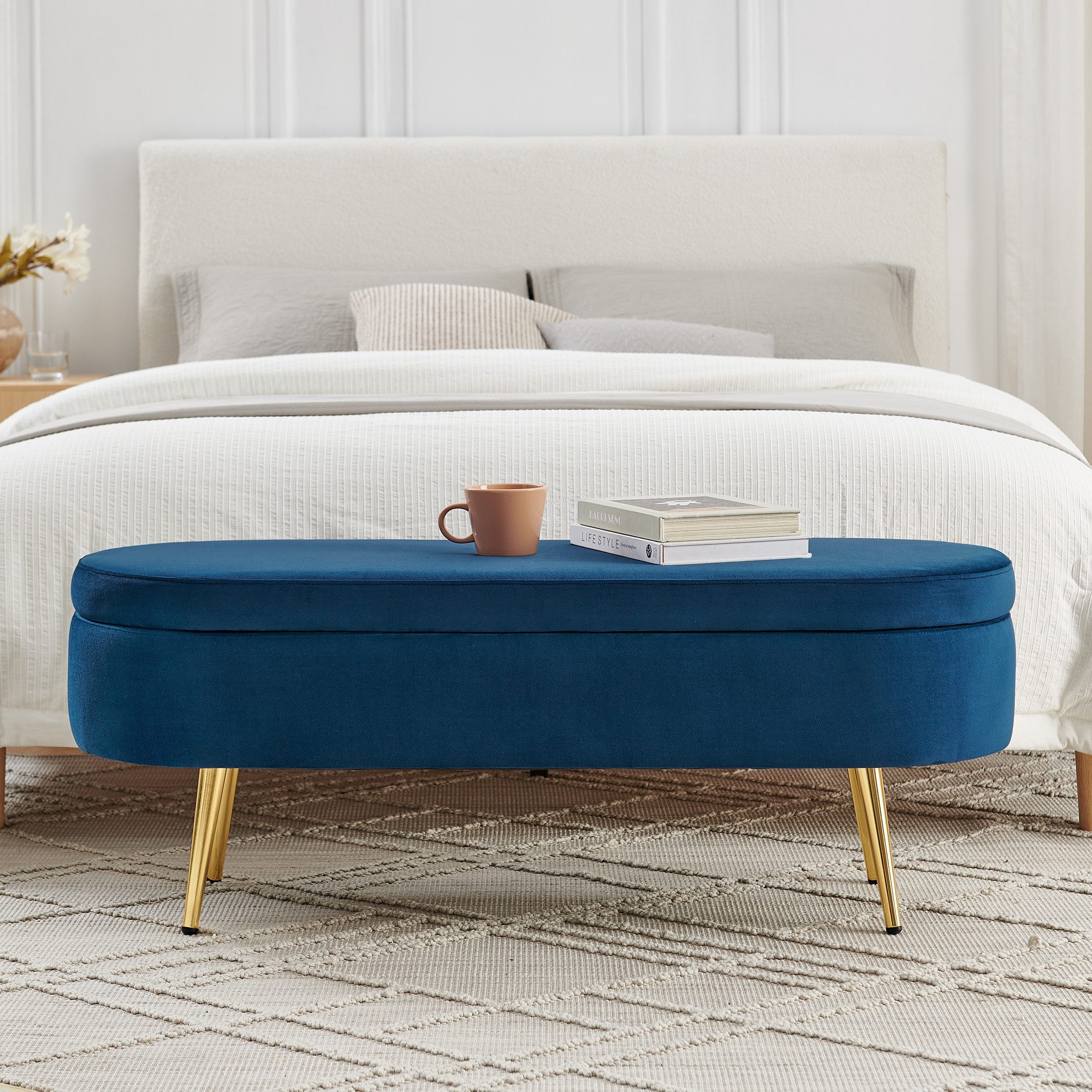 OKWISH Polsterbank 110x40x42 cm 20L Stauraum, Holzbeine & Massivholzrahmen (Packung, 1-St., Vielseitig als Schuhbank für Flur, Wohn- & Schlafzimmer), Aufbewahrungsbank 110x40x42cm in Dunkelblau (Samt)