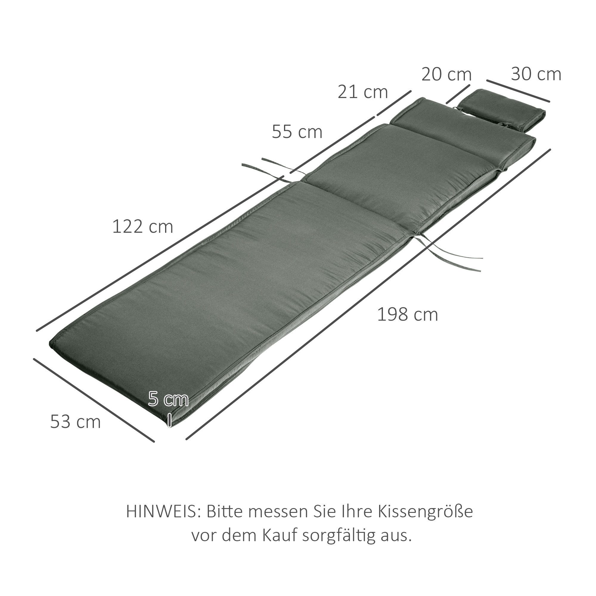 MC Star Liegenauflage Liegenpolster Gartenliege mit Kopfkissen abnehmbar Bezug, Polyester + Baumwollfaser Grau 198 x 53 x 5 cm