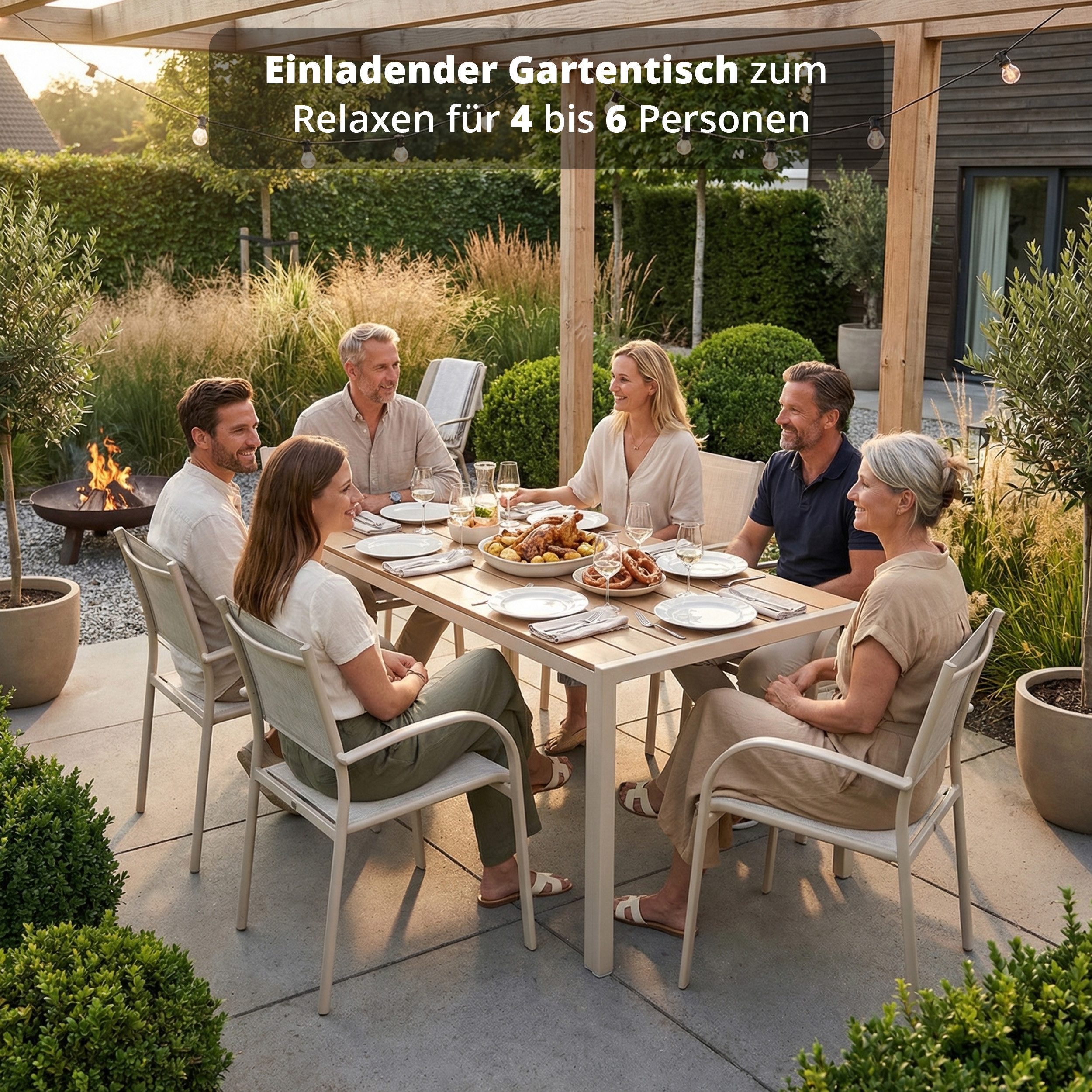KHG Gartentisch Gartentisch Beige für 6 Personen (Esstisch aus Stahl-Gestell und Tischplatte aus Polywood in Teal-Optik, wetterfest UV-beständig, 83x75x140 cm), Wetterfest, Robust