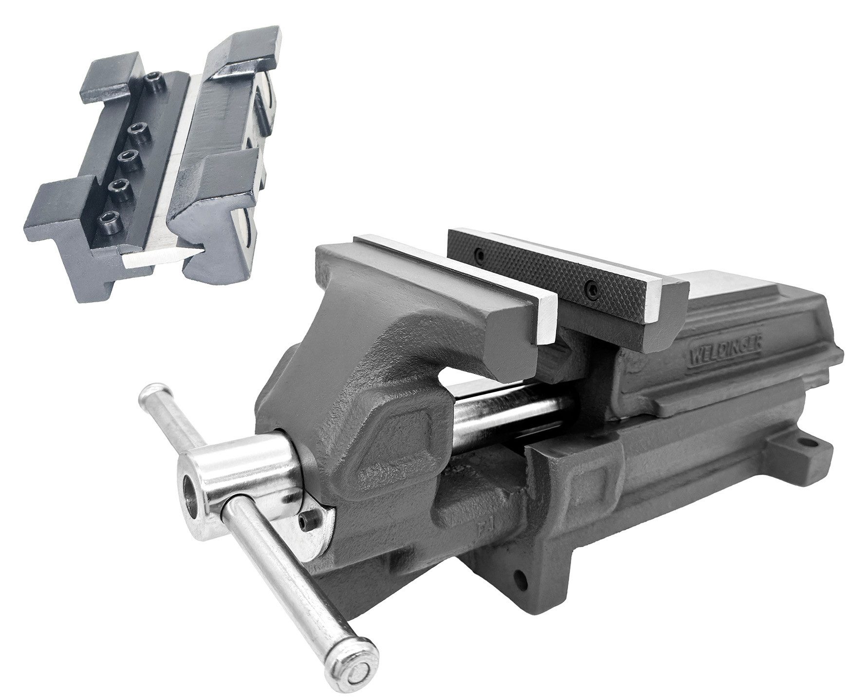 WELDINGER Schraubstock Schraubstock professional 150 mm Set mit magnetischen Abkantbacken #1, Set, Set mit magnetischen Abkantbacken für die Blechbearbeitung, 150 mm, geriffelte Backeninnenseite, Spannbacken abschraubbar