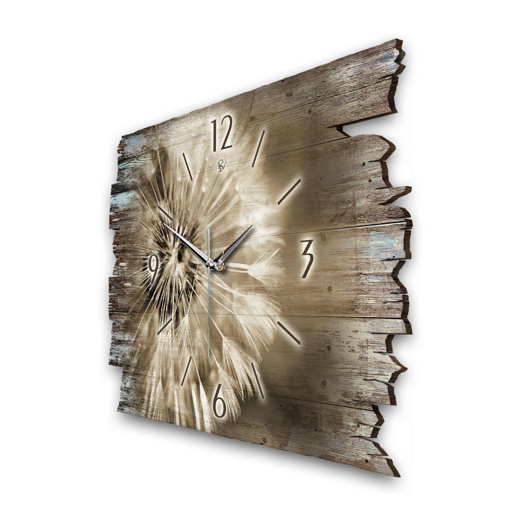 Kreative Feder Wanduhr Design-Wanduhr „Pusteblume“ aus Holz im Shabby Style Design (ohne Ticken; flüsterleises Uhrwerk; außergewöhnlich, modern)
