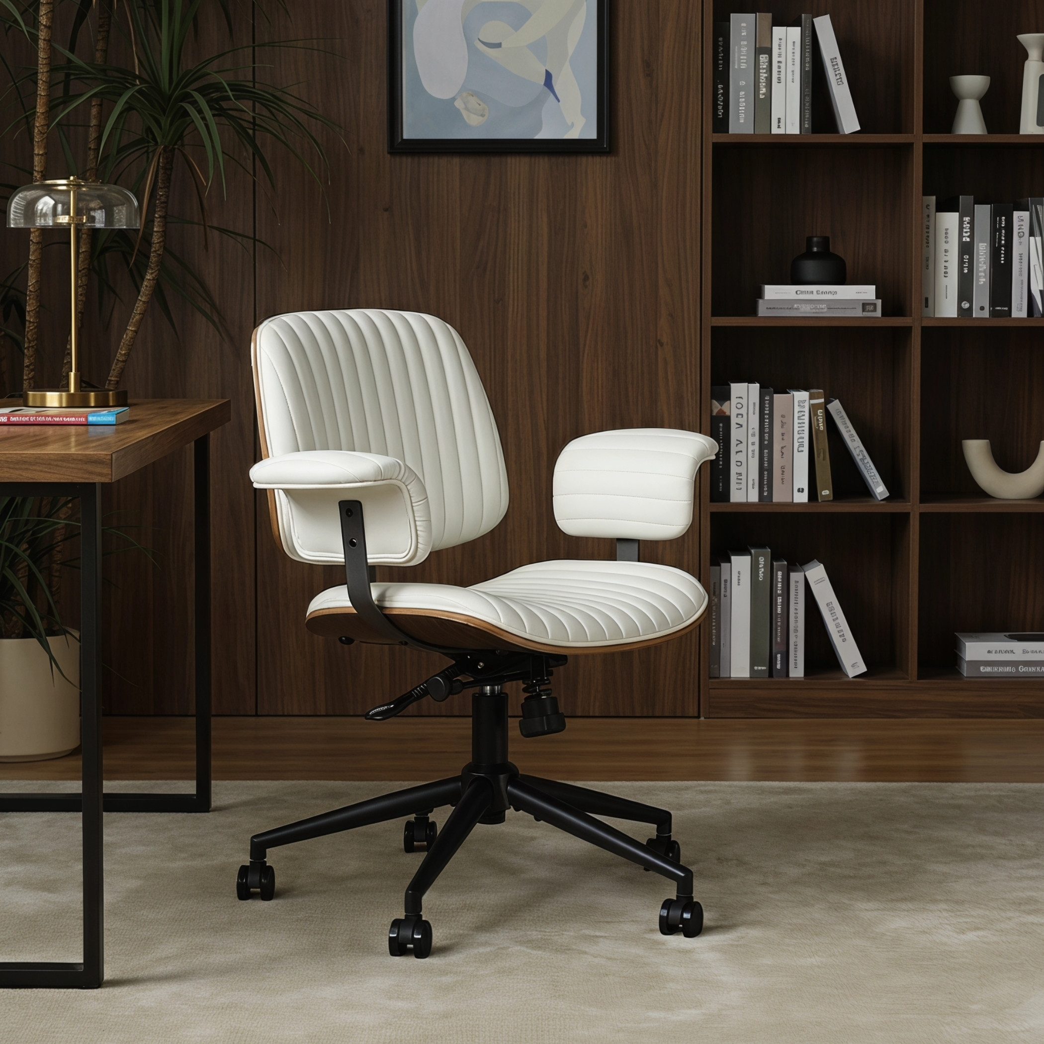 SeedWave Bürostuhl Ergonomischer Drehstuhl Wippbar mit Gebogener Holzschale & Armlehnen, Industrial Design, Kunstleder Home office chair mit leisen Rollen