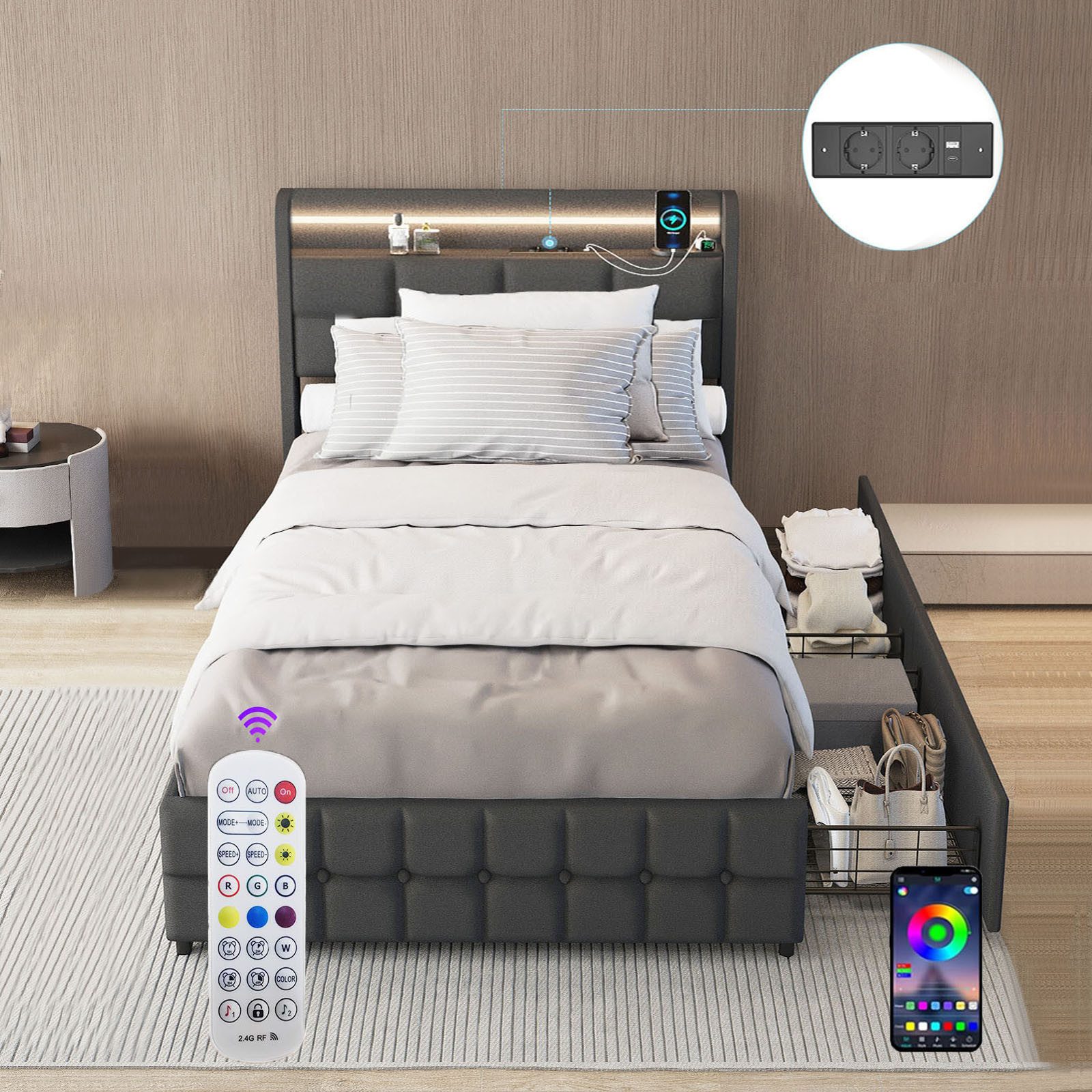 oyajia Polsterbett LED Doppelbett 140x200cm mit Ladefunktion und 2 Schublad günstig online kaufen