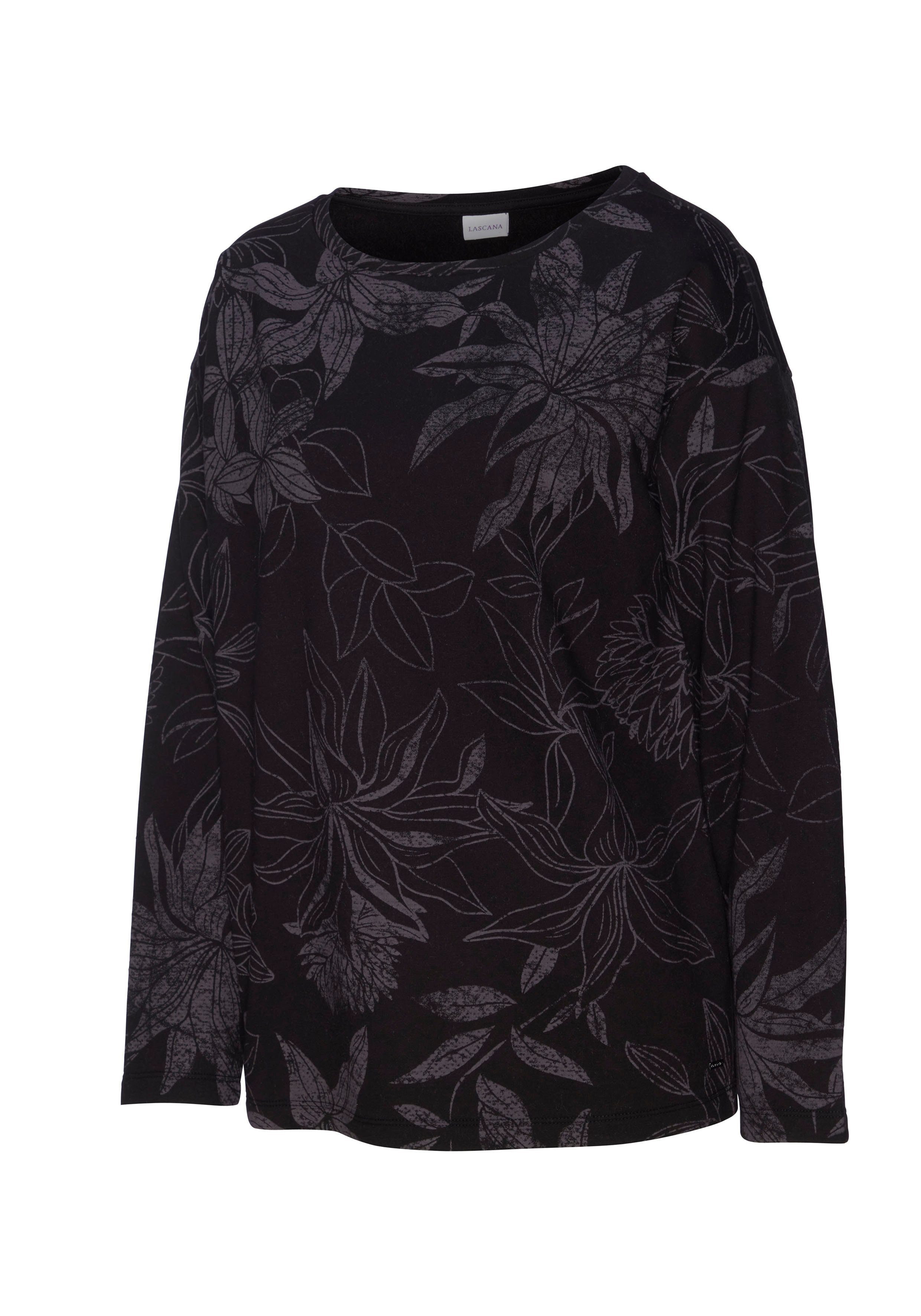 Loungeanzug schwarz-gemustert Alloverdruck, Sweatshirt mit floralem LASCANA Loungewear,