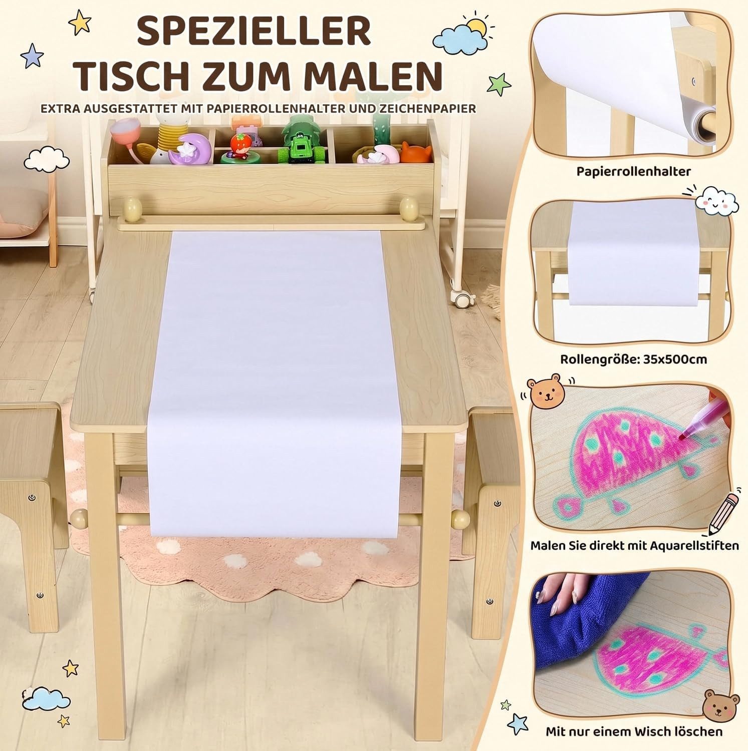 TLGREEN Kindertisch Kindermaltisch mit 2 Stühlen (Maltisch Schreibtisch mit Papierrolle und 4 Aufbewahrungskiste, Zeichentisch 100kg Belastbarkeit für Malen/Ler – Bild 3 von 5